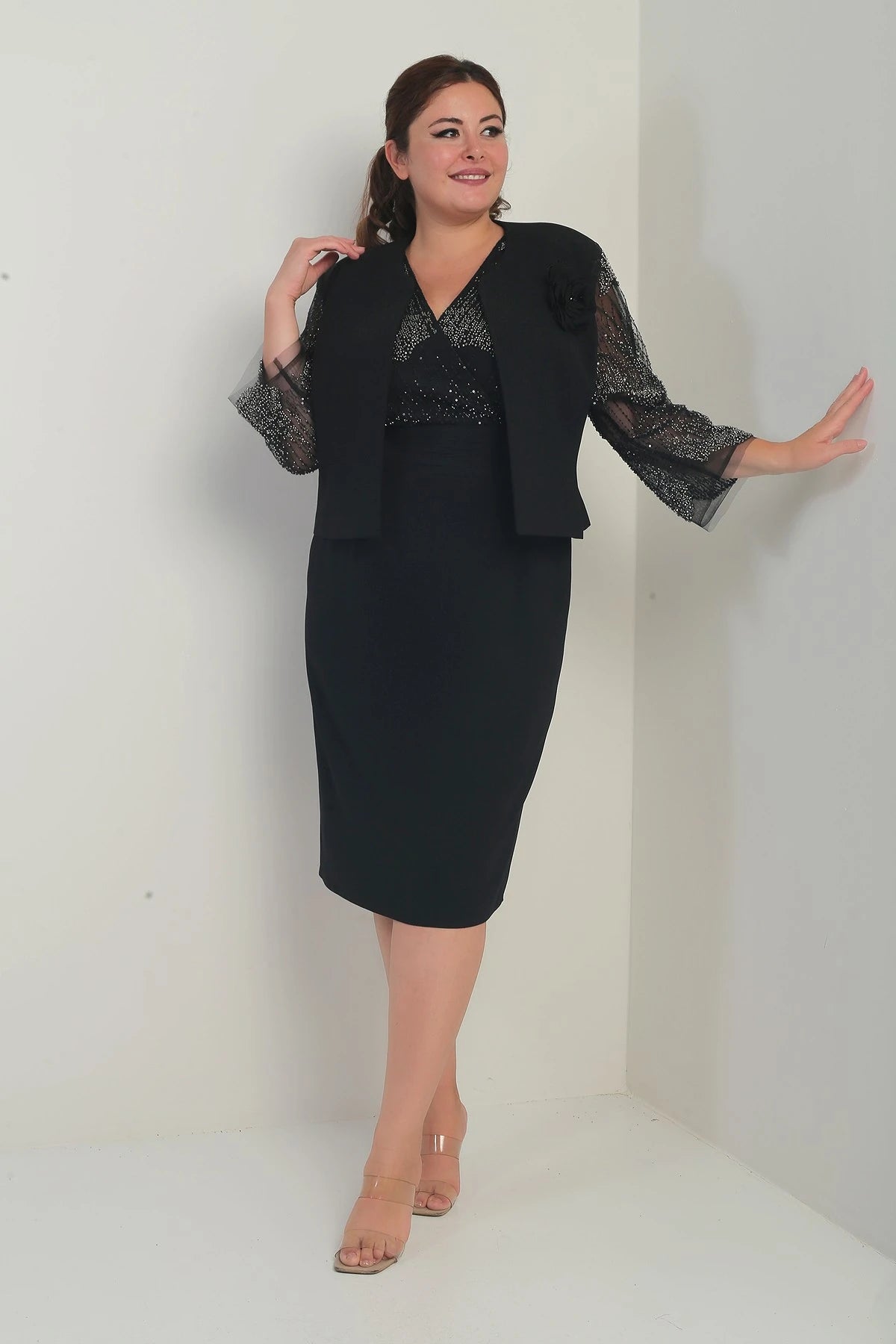 Image of Women's Wrap Neckline Draped Waist Dress with Tulle Sleeves, Lined Jacket with Sequin Details, Plus Size Two-Piece Set