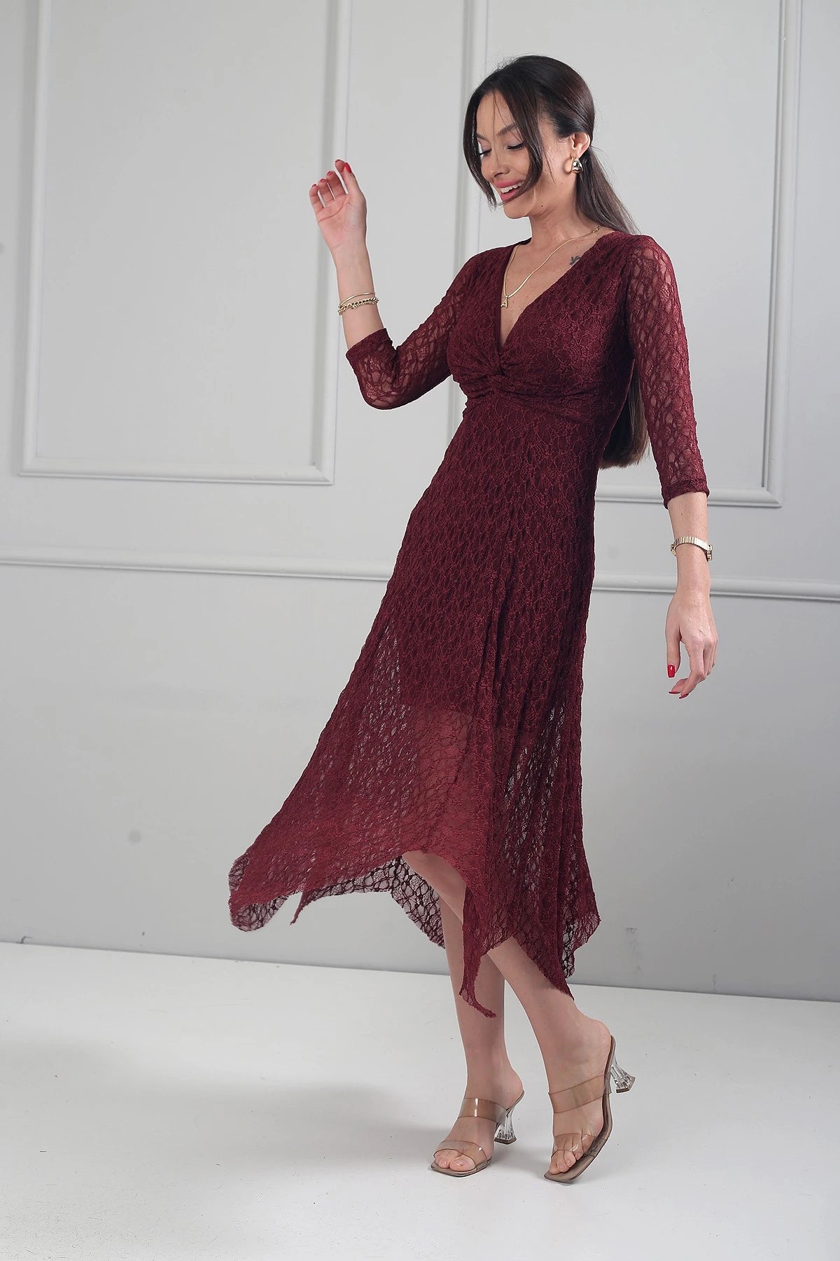 Image of Women's Asymmetrical Lace Midi Dress with Front Knot Detail and Lined Skirt