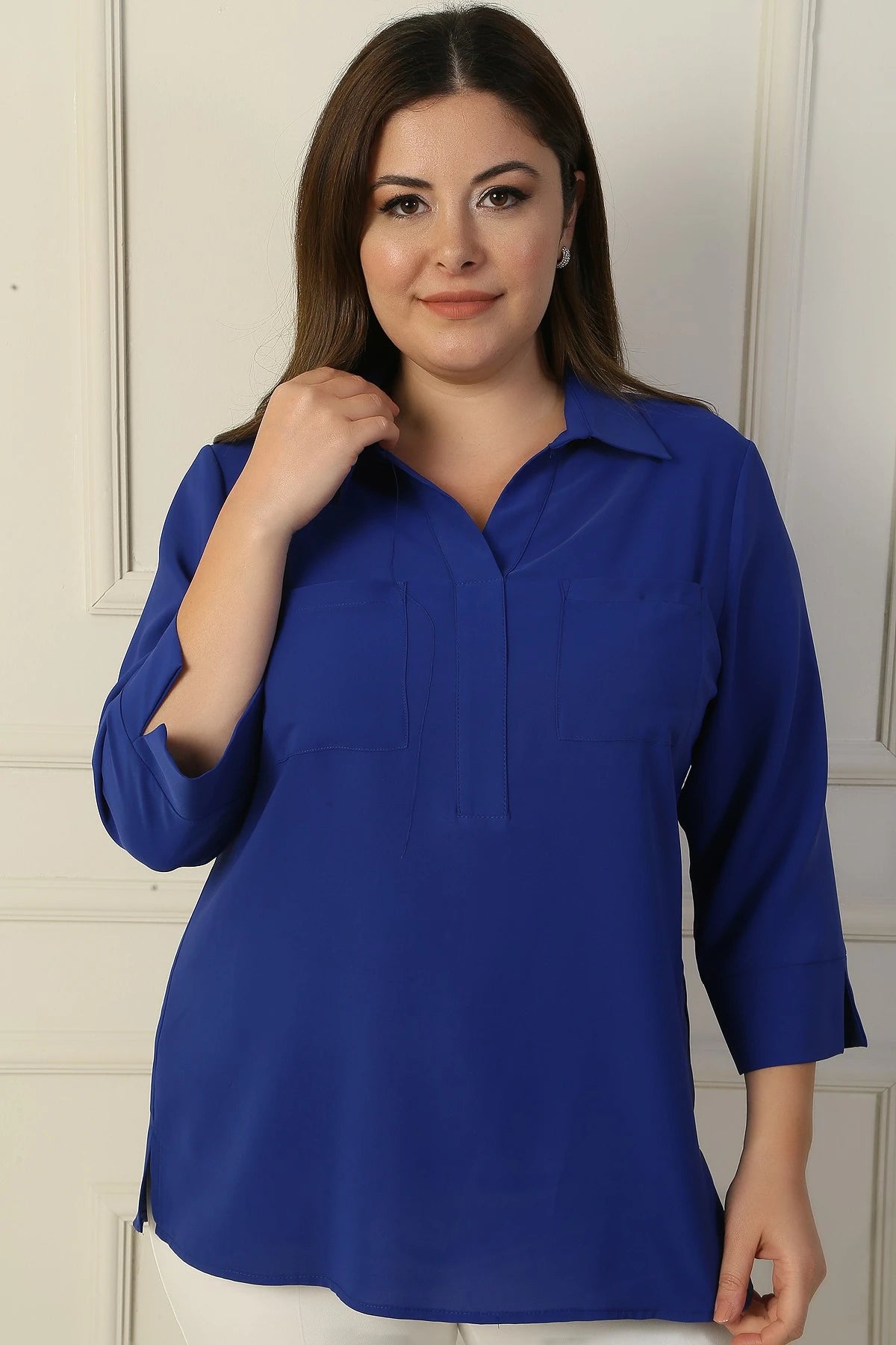 Image of Polo Collar Pocketed Quarter Sleeve BB Blouse