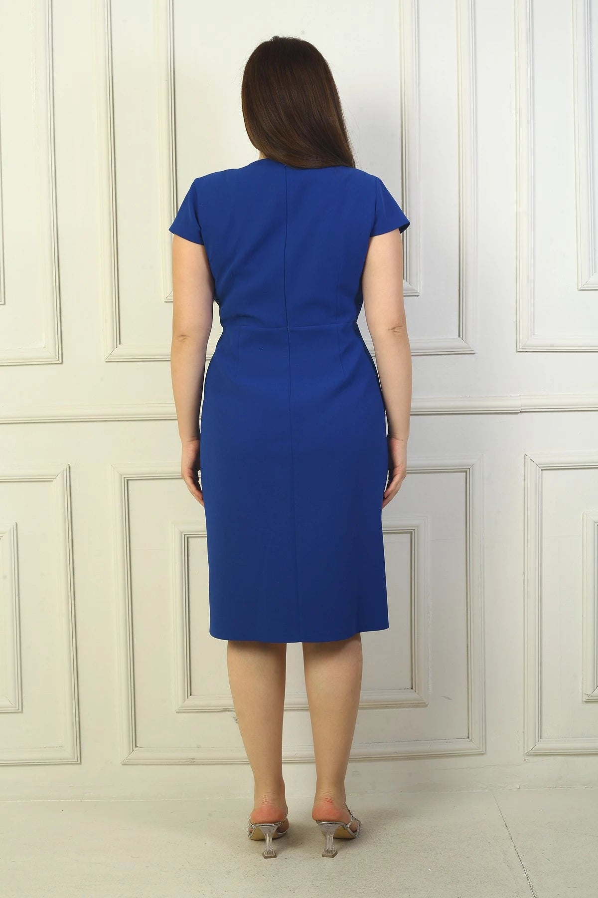 Image of Women's Wrap Neck Half-Moon Sleeve Embellished Front Slit BB Dress