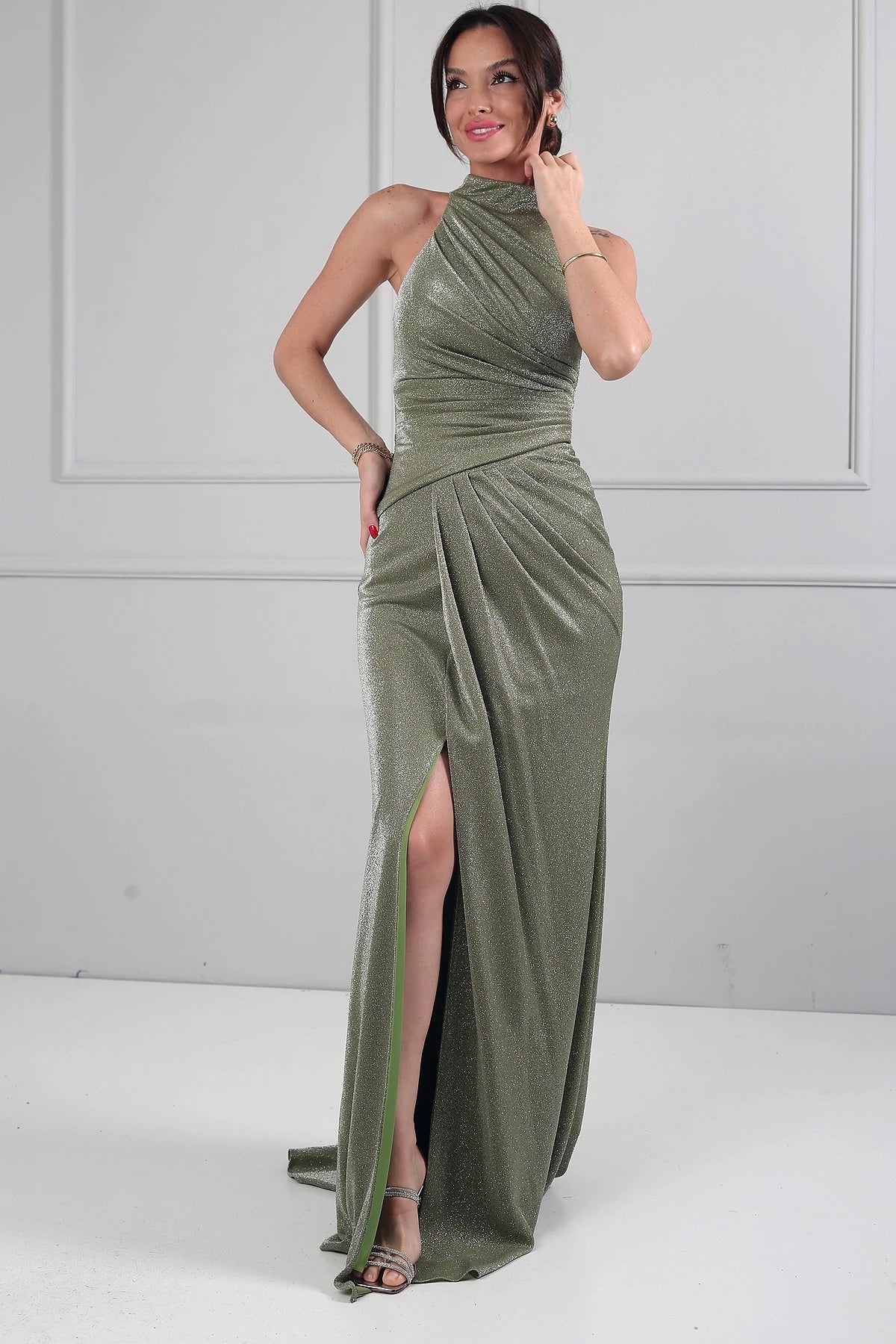 Image of Women's Halter Neck Lined Draped Glitter Long Dress