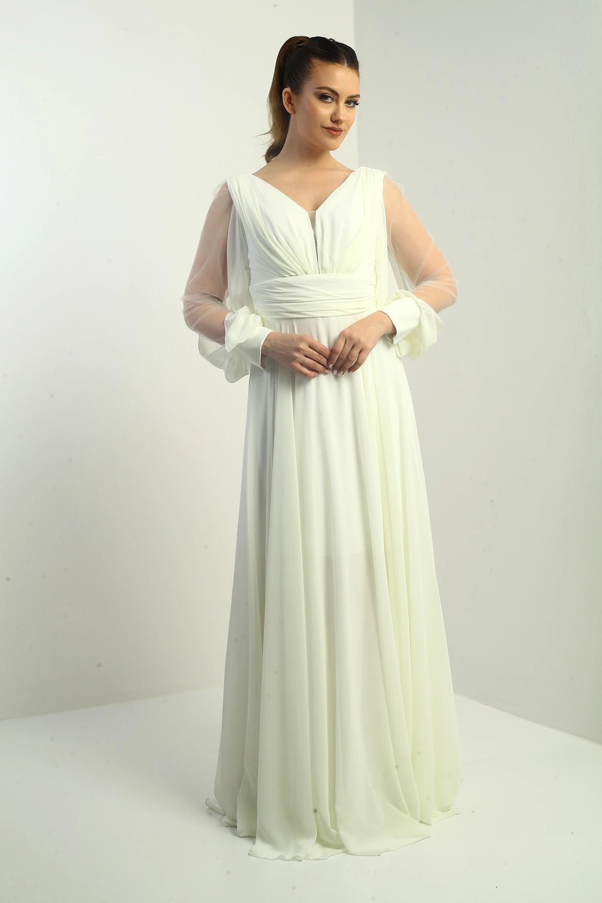 Image of Front and back V-neck, draped front, tulle sleeves, lined, wide-length chiffon dress.