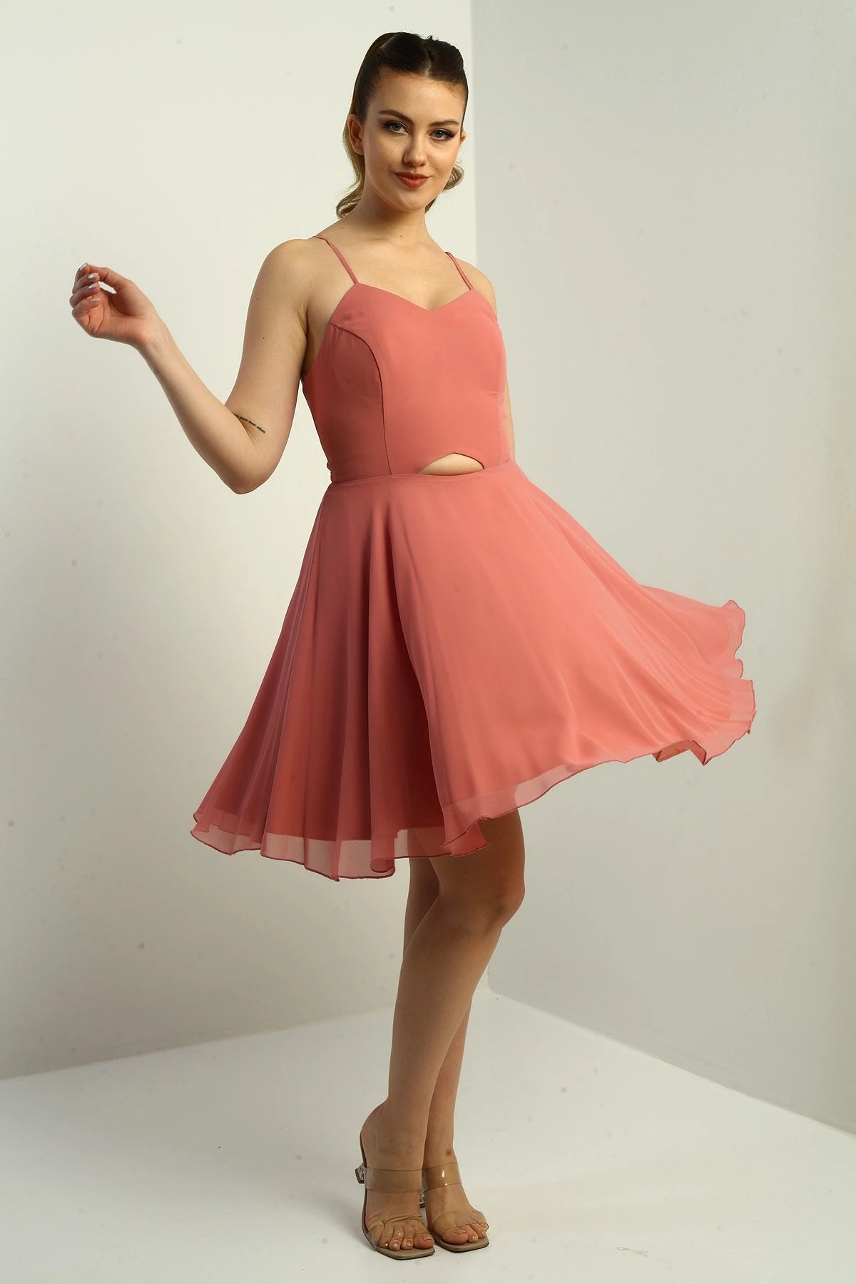 Image of Women's Strappy, Back-Tie, Front-Opening, Lined Chiffon Short Flared Dress