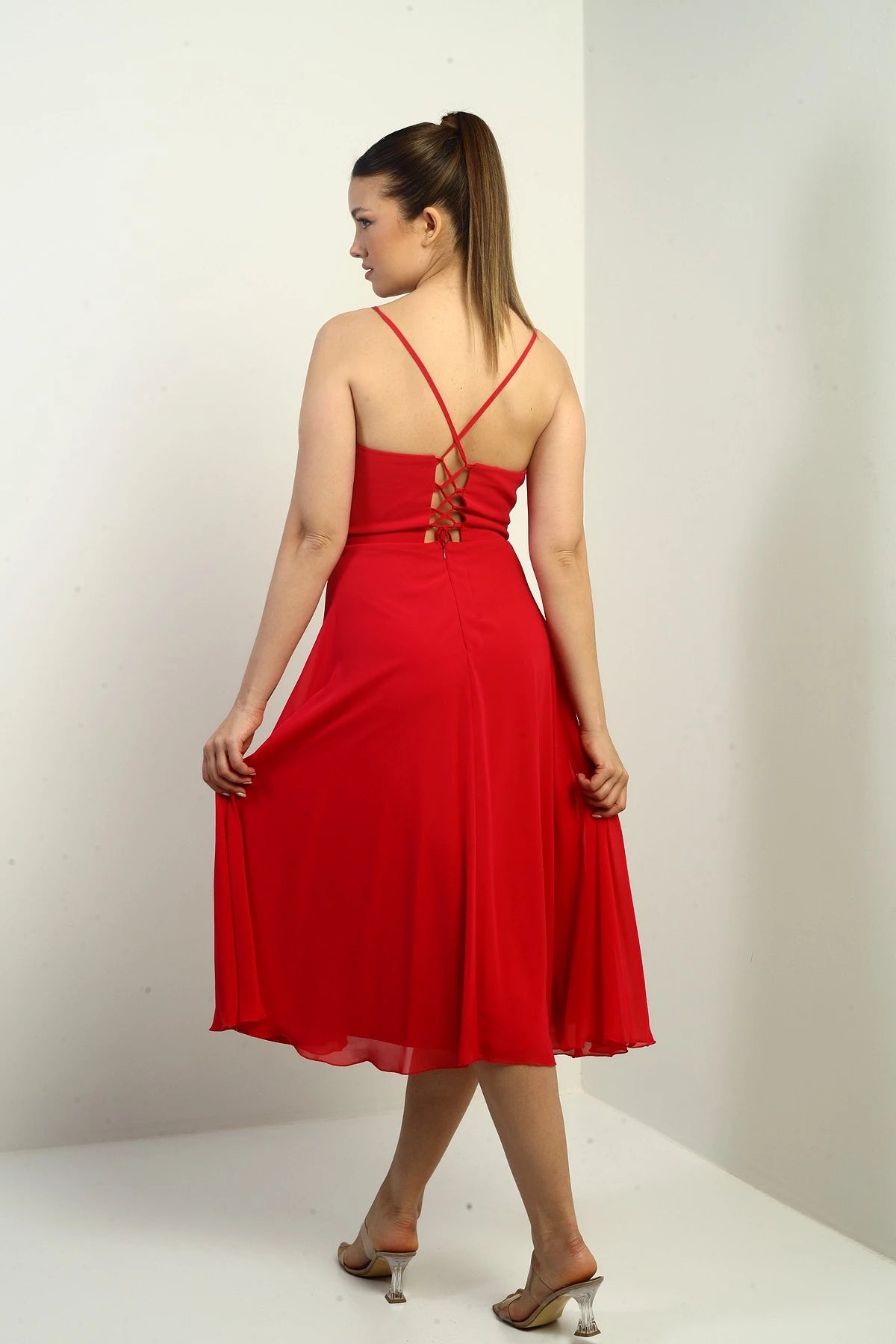 Image of Women's Strappy Wrap Neckline Lined Lace-Up Back Flared Chiffon Dress