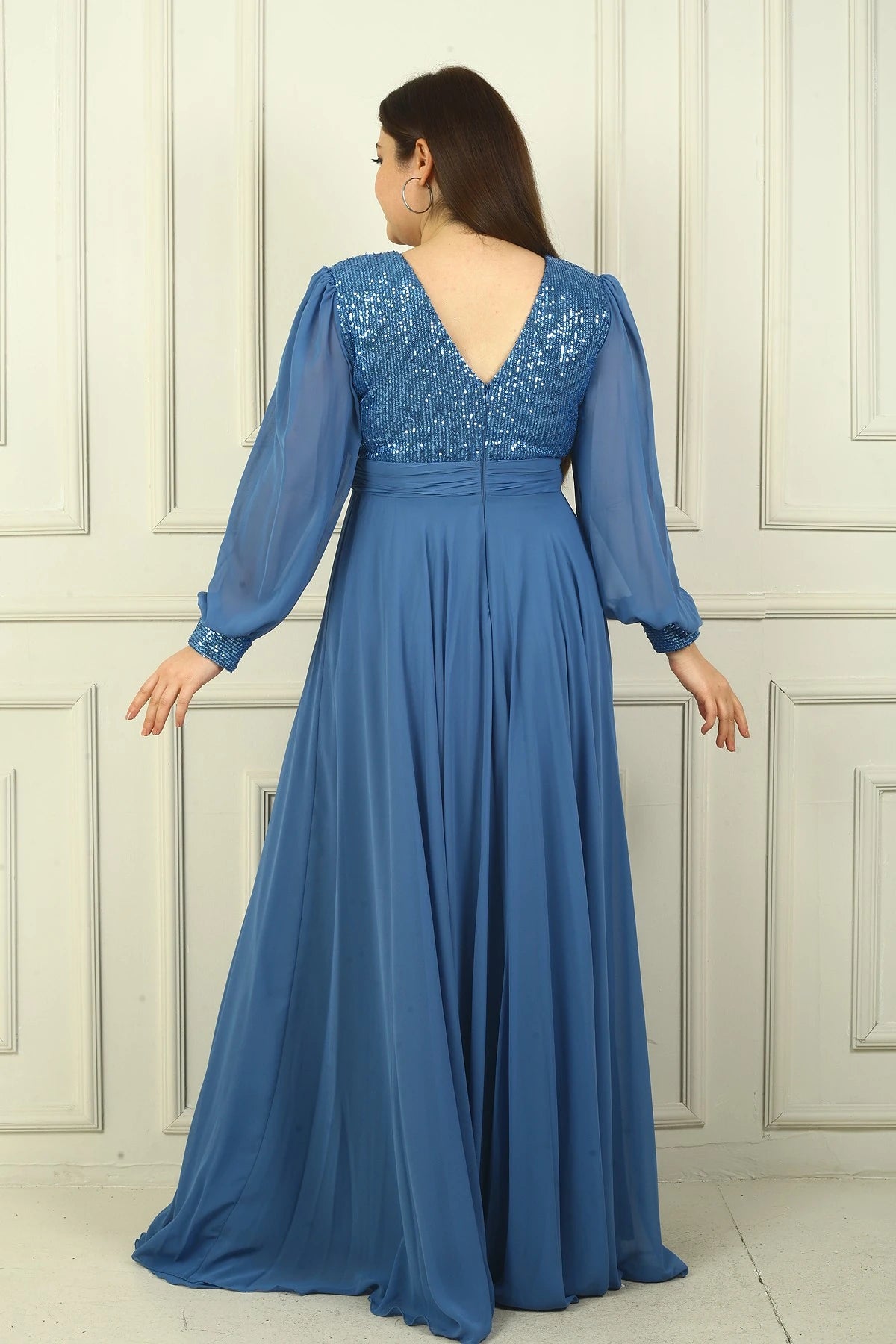 Image of Women's Front and Back V-Neck Sequined Lined Plus Size Long Chiffon Evening Dress