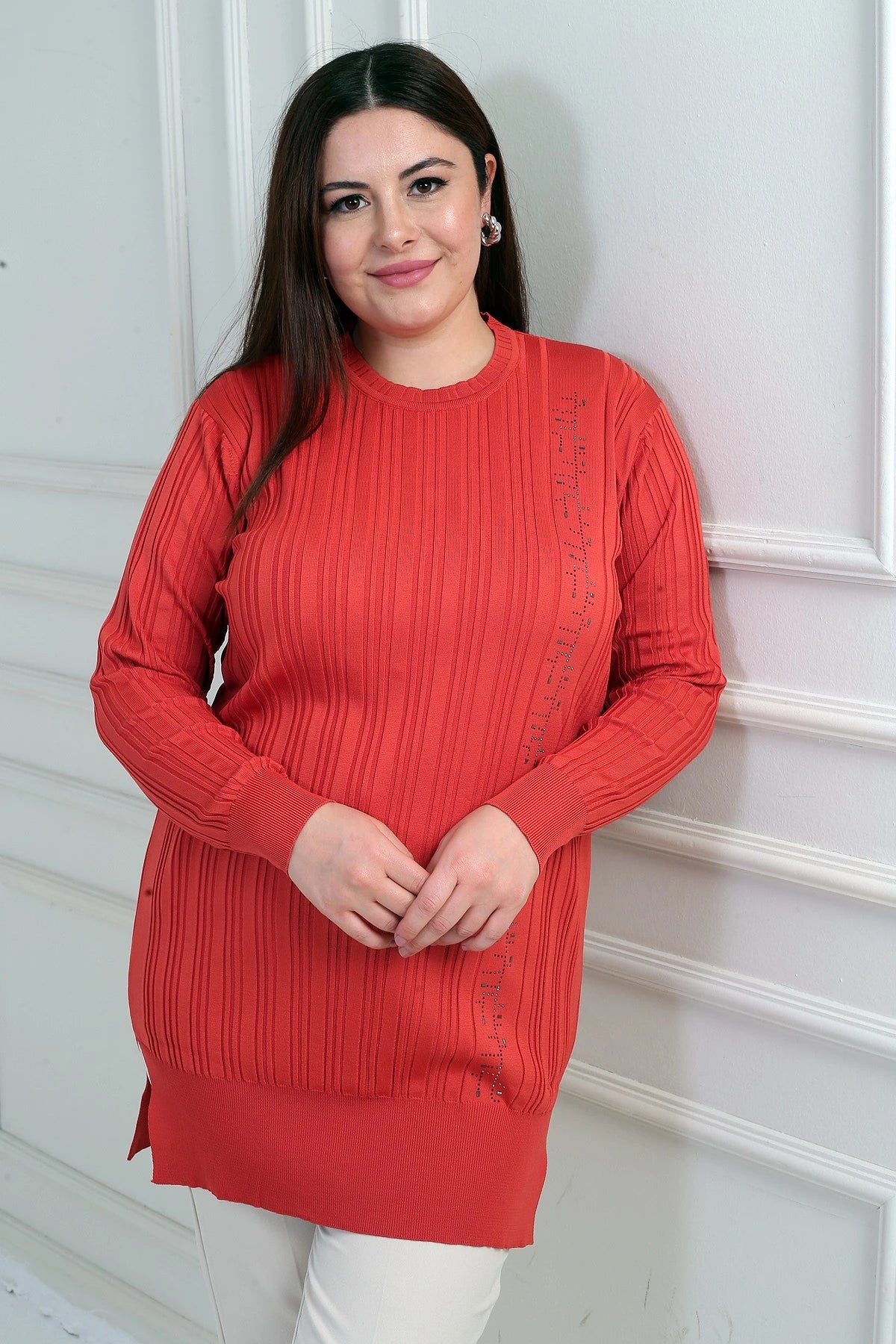 Image of Kadın Yanı Taş Detaylı Büyük BedenTunik Bluz