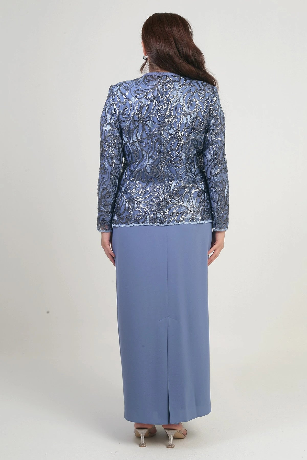 Image of Women's Sequin Embellished Beaded Tulle Jacket, Half-Moon Sleeve Long Dress, Lined Crepe, Plus Size 2-Piece Set