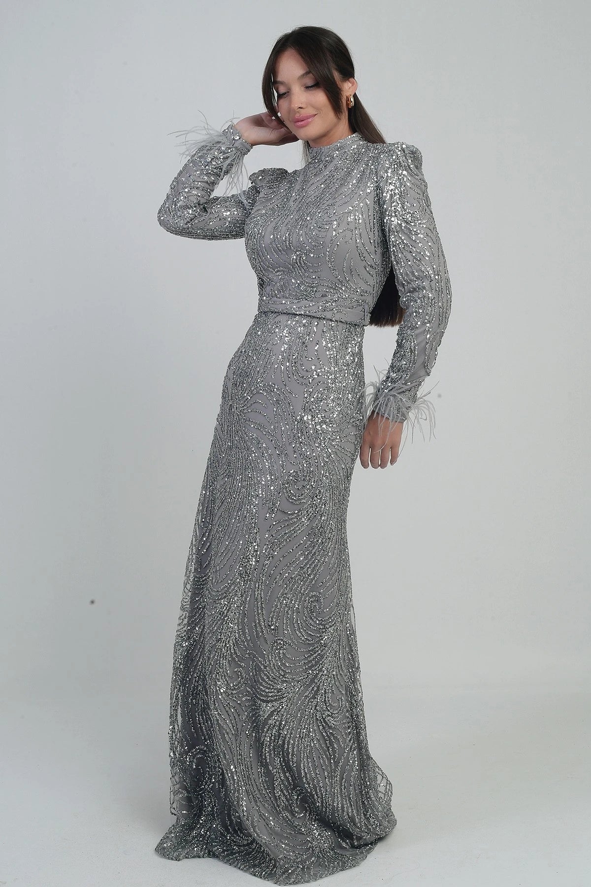 Image of Women's Long Tulle Dress with Feathered Sleeves, Beads and Sequins, and Lining