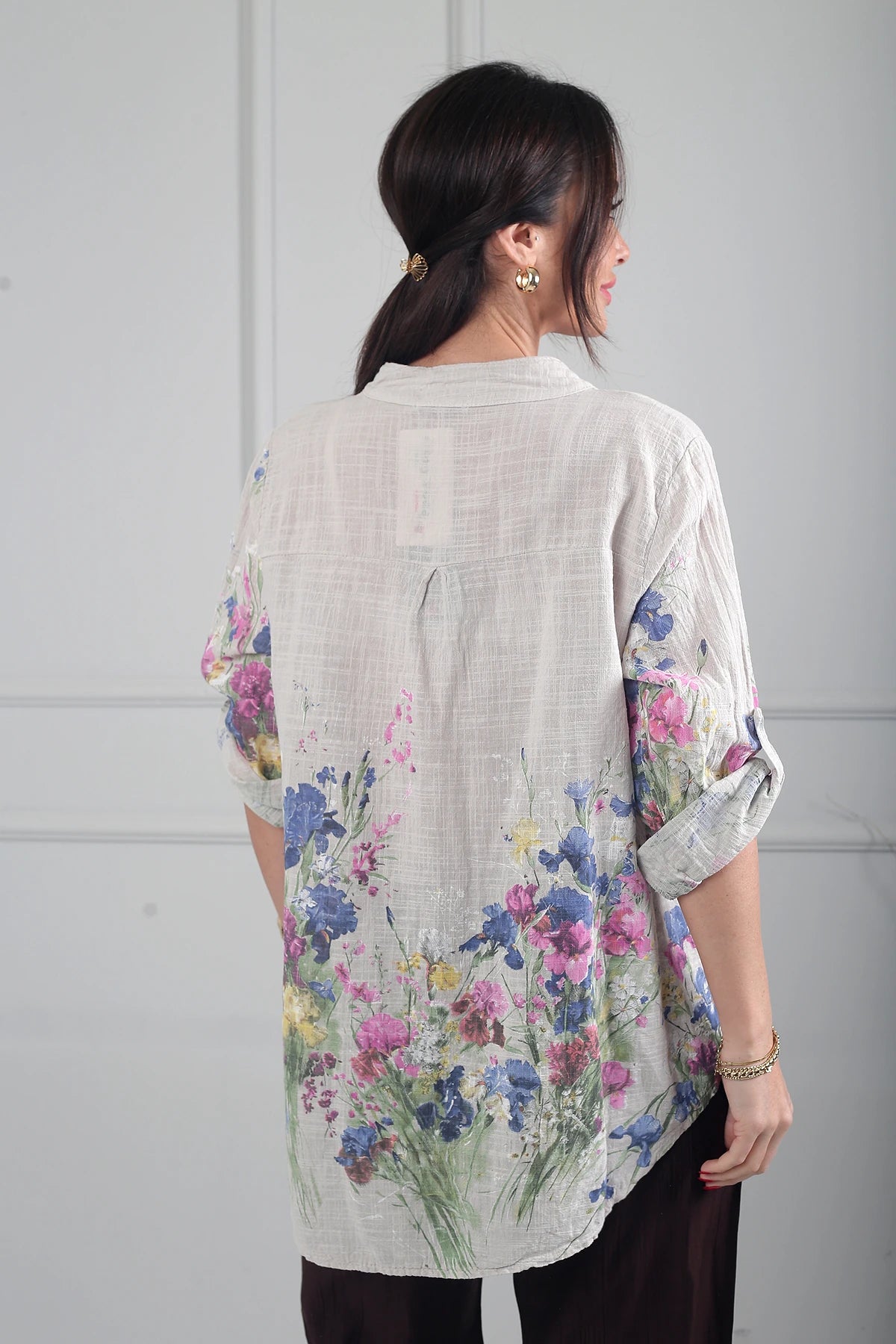Image of Kadın Çiçek Desenli İtalyan Cotton Oversize Gömlek