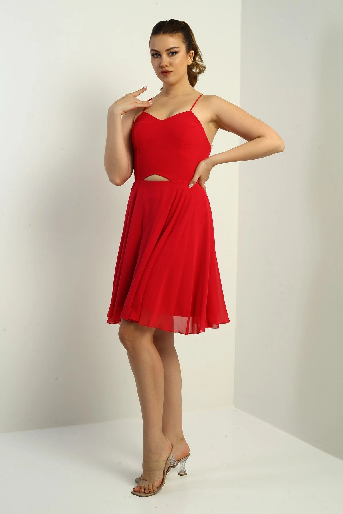 Image of Women's Strappy, Back-Tie, Front-Opening, Lined Chiffon Short Flared Dress