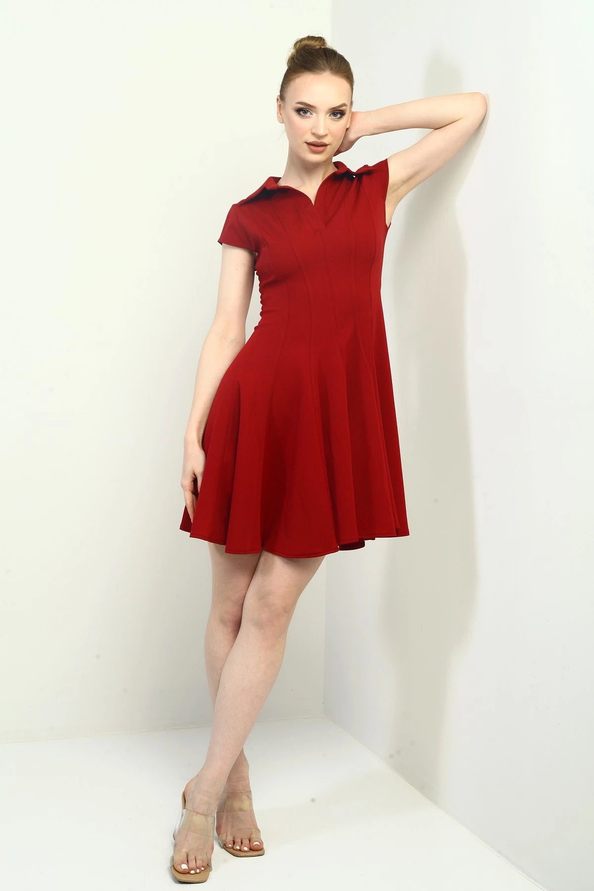 Image of Women's Polo Collar Long Sleeve Lycra Flared Short Dress
