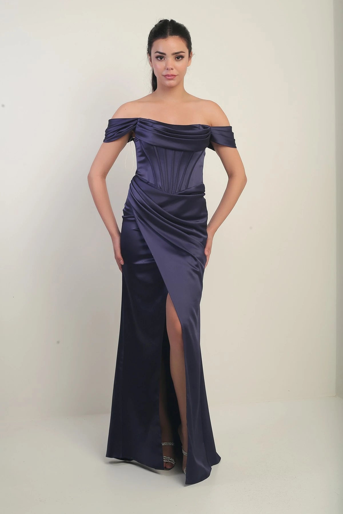 Image of Women's Strapless Low-Sleeve Lined Underwired Satin Long Dress