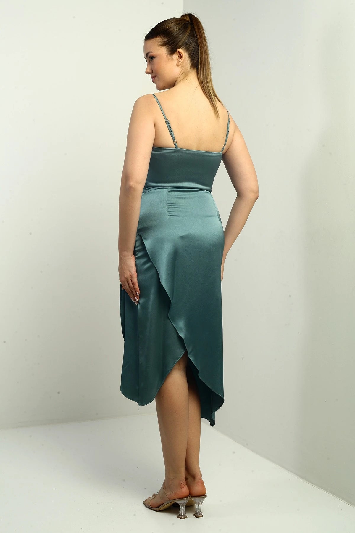 Image of Women's Strappy Draped Lined Asymmetrical Midi Dress