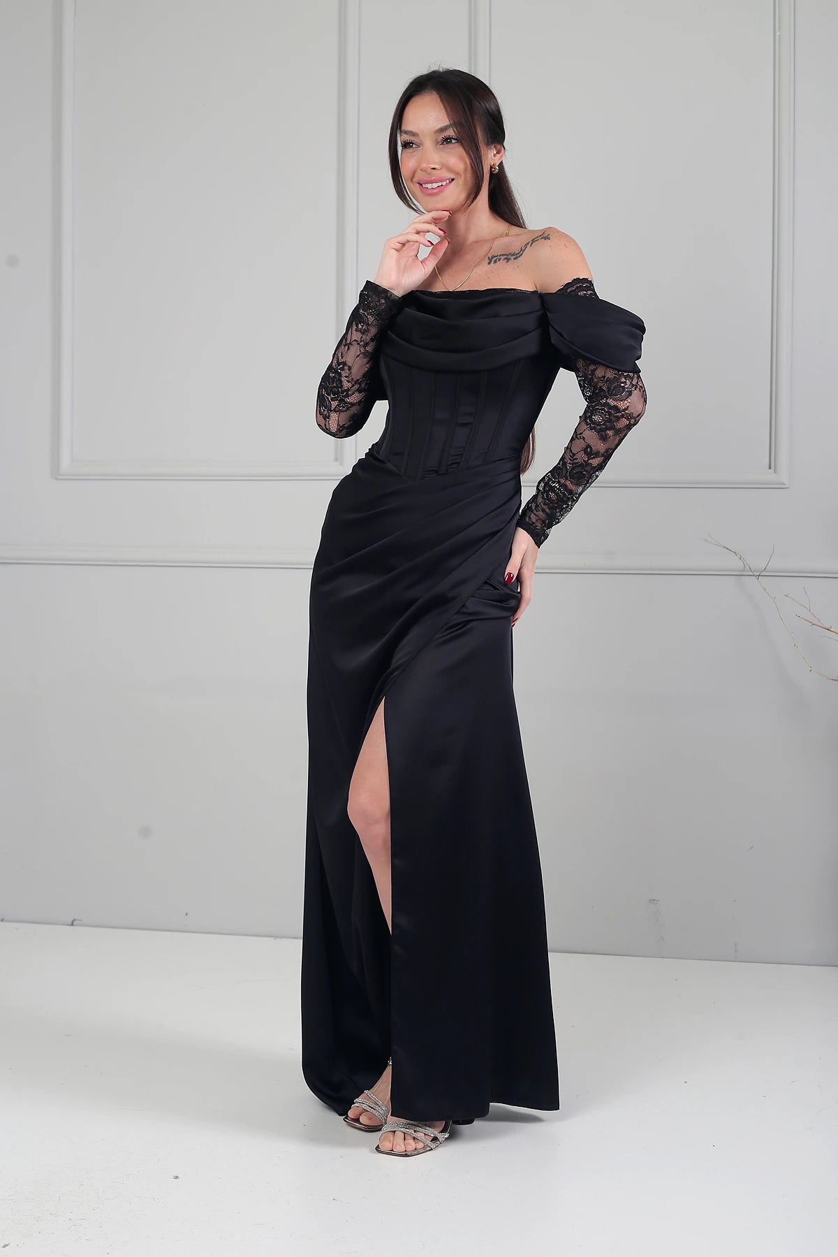 Image of Women's Boat Neck Lace Sleeve Lined Long Satin Dress