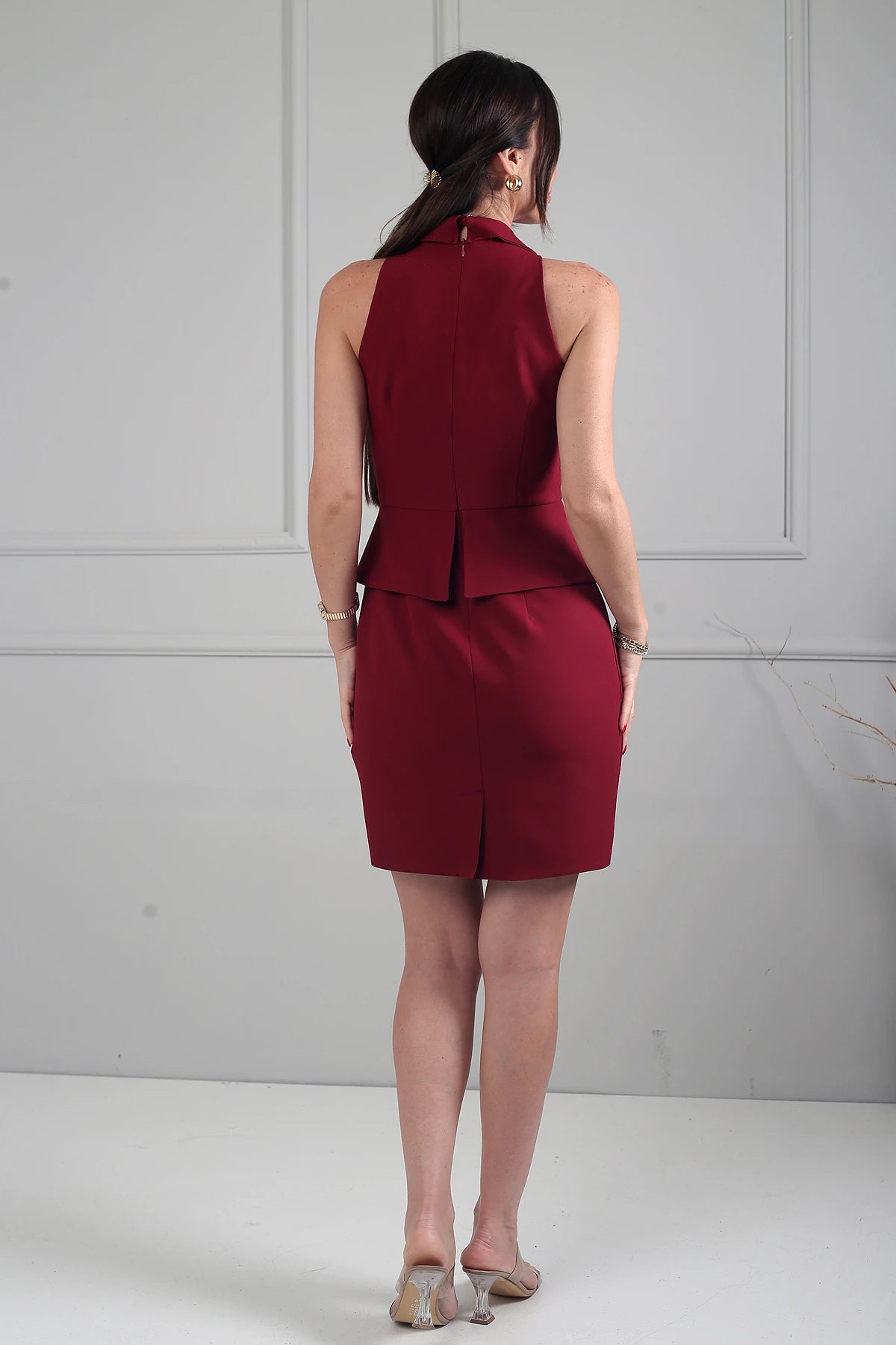 Image of Kadın Gold Düğmeli Kendinde Telalı Peplum Detaylı Double Krep Kısa Elbise
