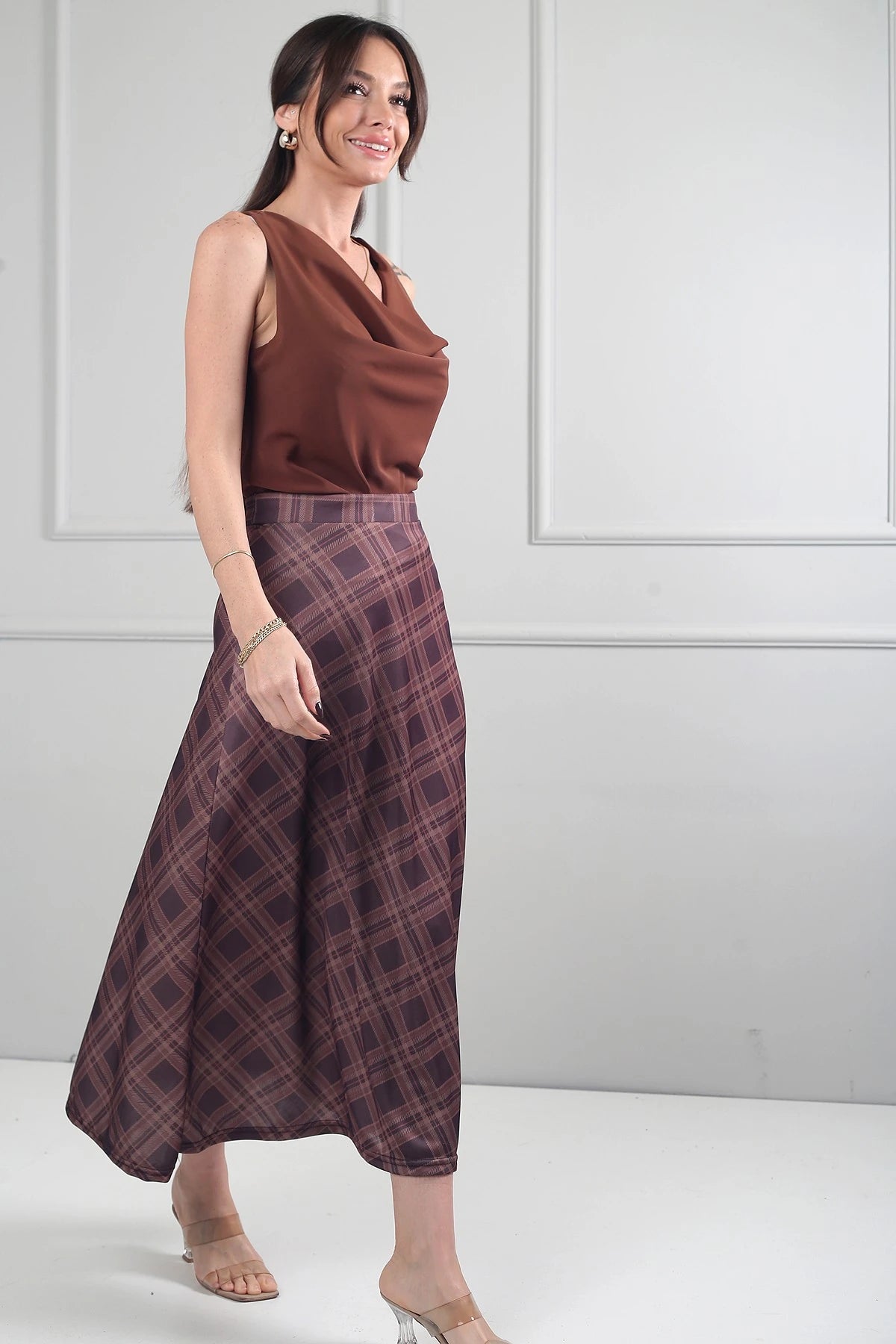 Image of Women's Elastic Waist Plaid Viscose Satin Lycra Long Skirt