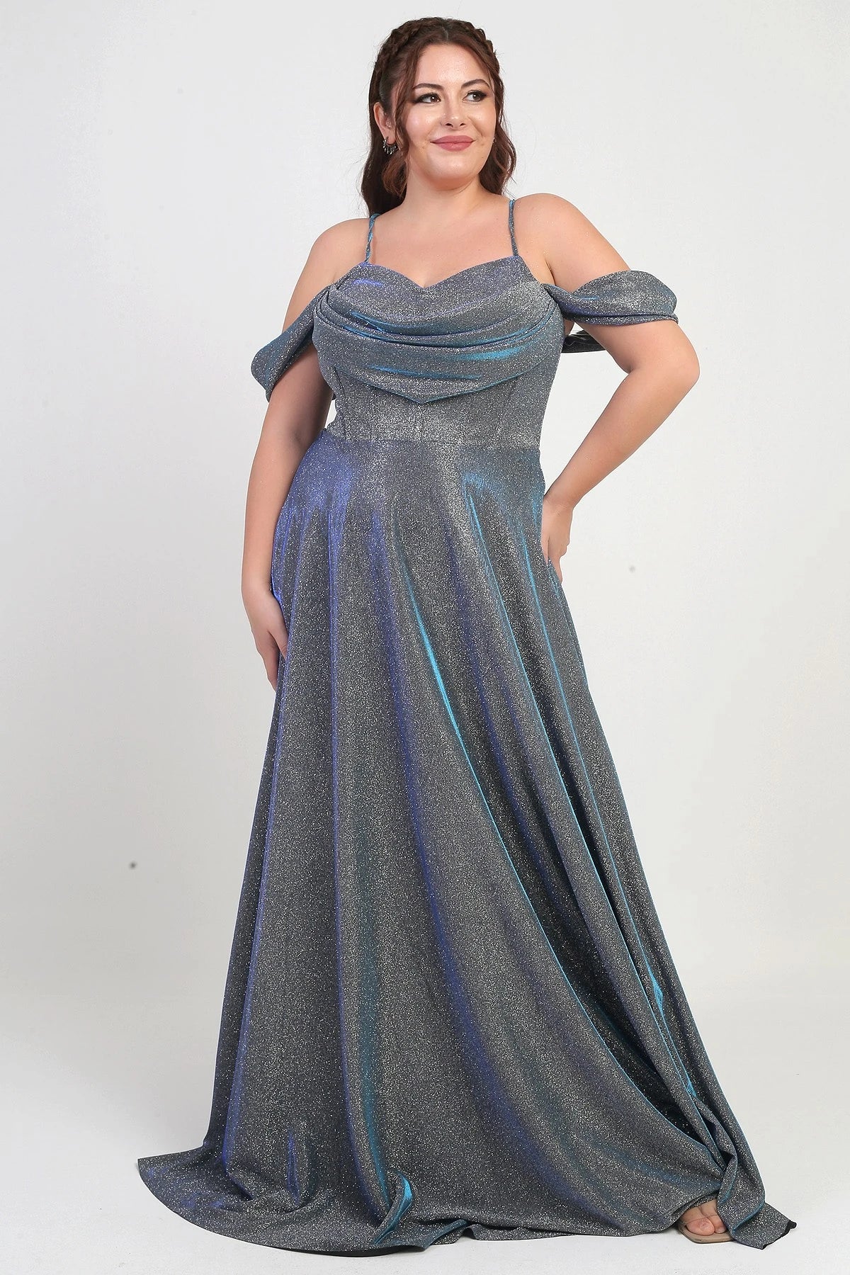 Image of Women's Strappy, Back Lace-Up, Bust Draped, Lined, Underwired, Plus Size Glitter Dress