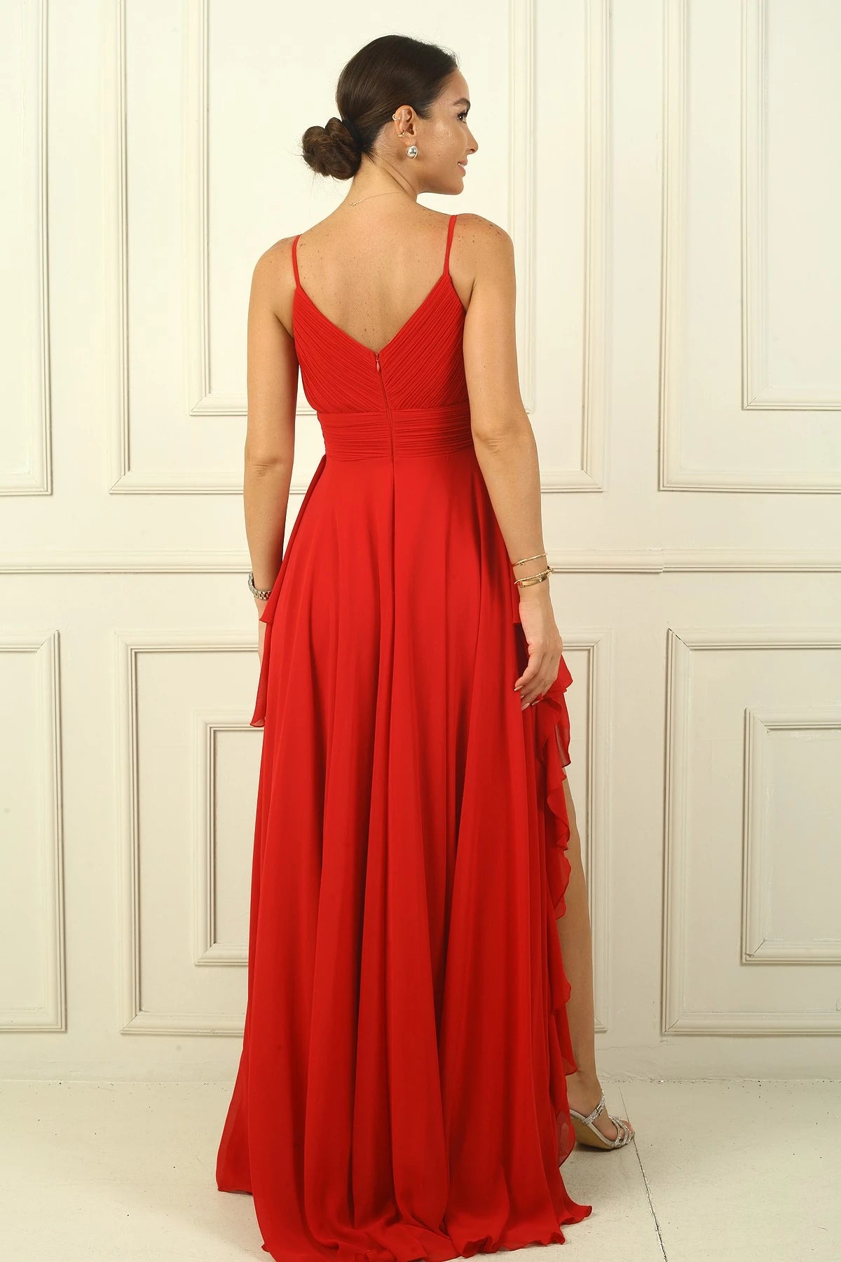 Image of Women's Strappy, Side Slit, Lined, Ruffled Chiffon Long Dress