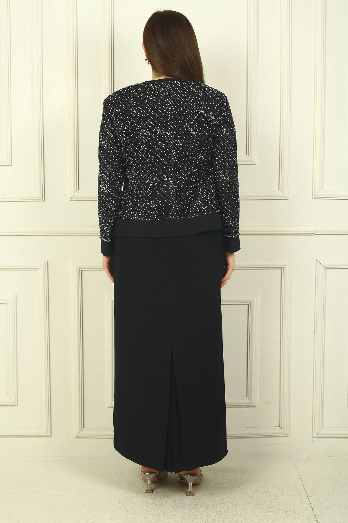 Image of Women's Beaded and Sequin Embellished Tulle Jacket, Half-Moon Sleeve Long Dress, Lined, Plus Size Two-Piece Set