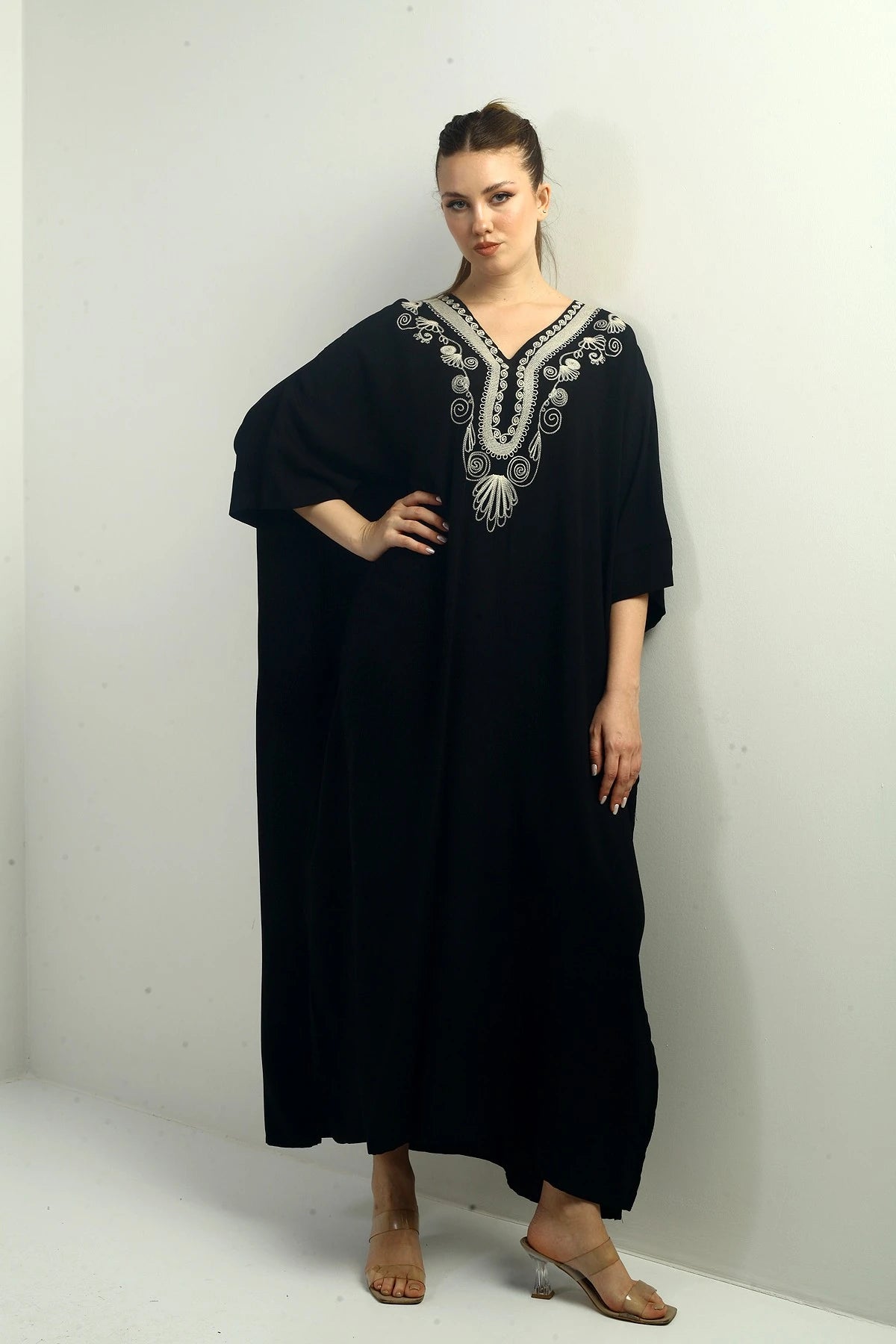 Image of Women's V-Neck Embroidered Pocket Oversize Long Dress
