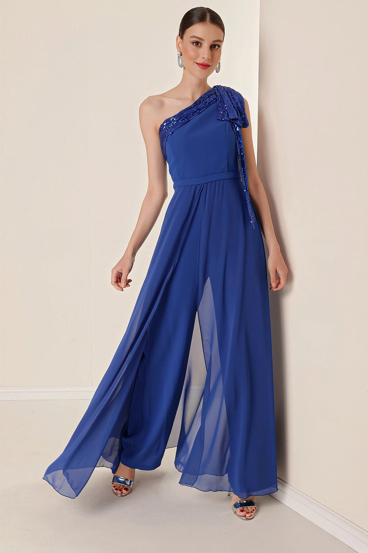 Image of Sequin Collar One-Shoulder Chiffon Crepe Jumpsuit