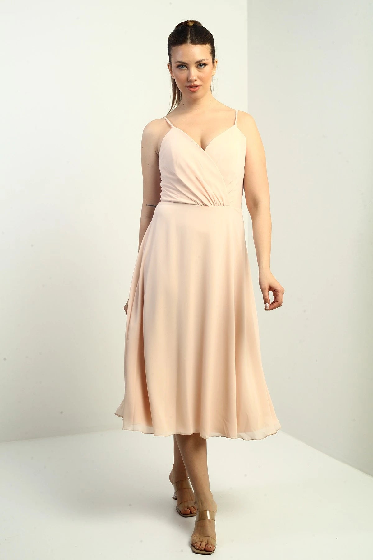 Image of Women's Strappy Wrap Neckline Lined Lace-Up Back Flared Chiffon Dress