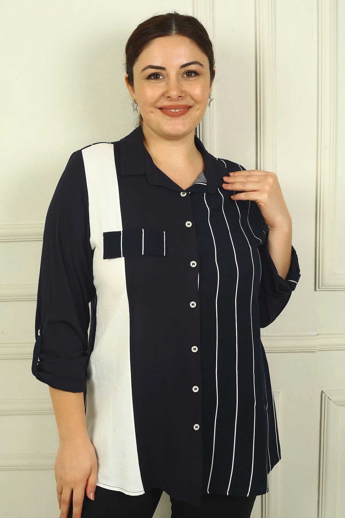 Image of Women's Single Pocket, Fold-Up Sleeve Striped BB Shirt