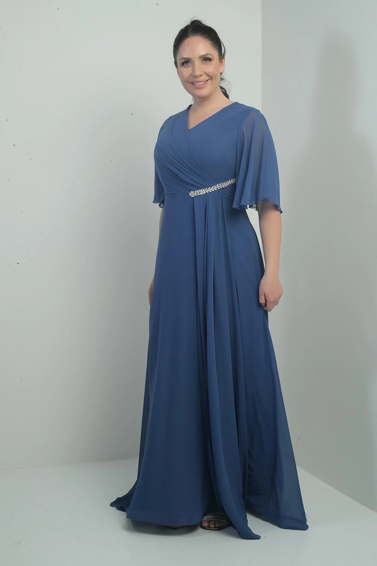 Image of Women's V-Neck, Waistband with Stone Embellishment, Draped, Lined, Plus Size Long Chiffon Dress