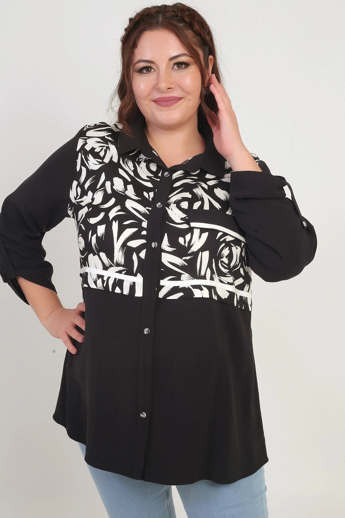 Image of Women's Plus Size Shirt with Fold-Up Sleeves, Brush Pattern, and Pocket Flaps
