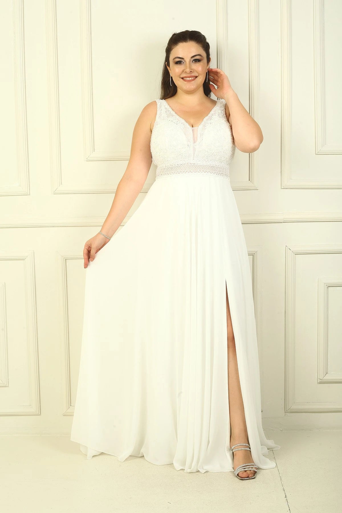Image of Front and Back V-Neck Top Beaded Floral Motif Lined Long Chiffon Evening Dress