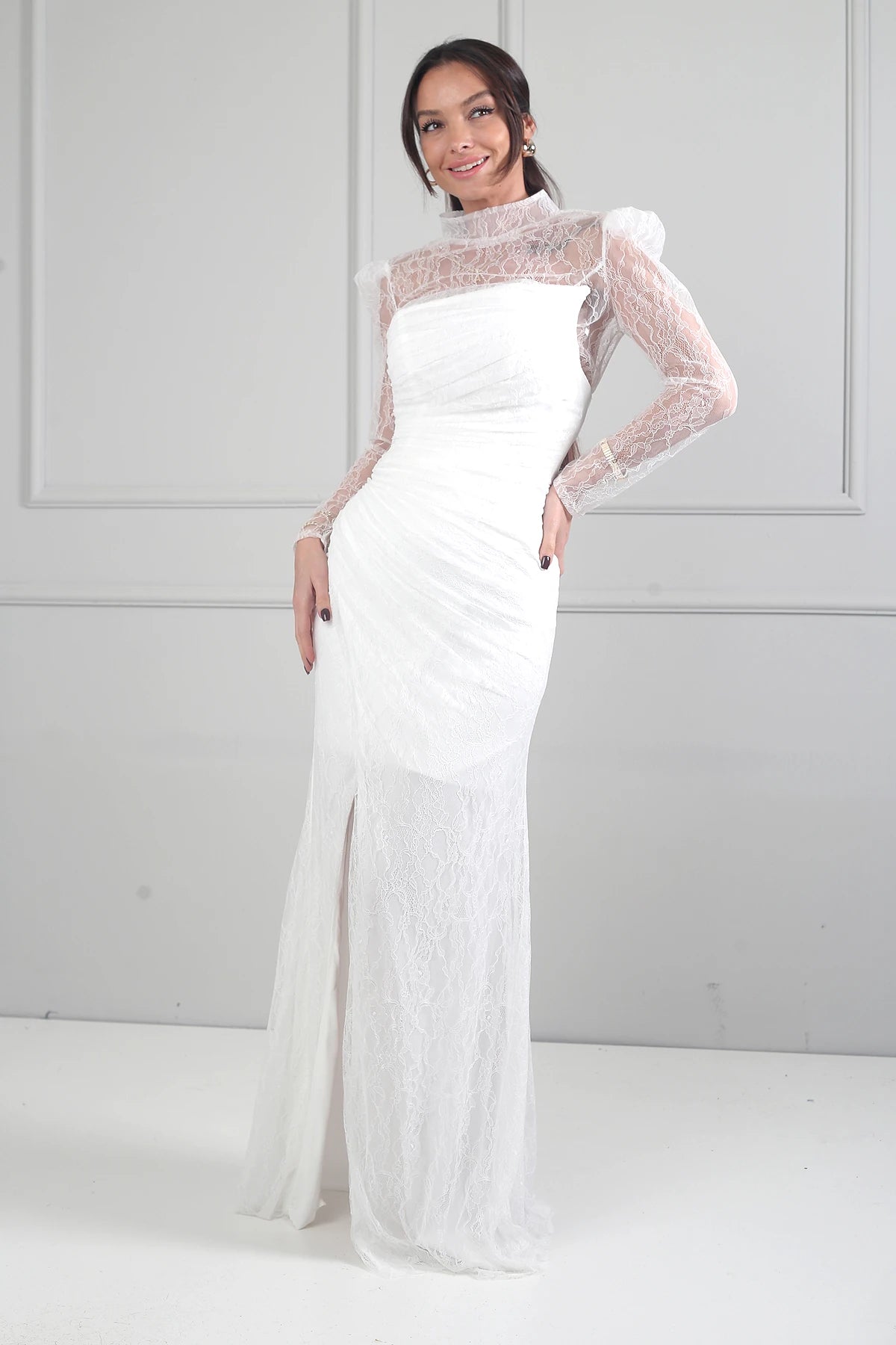 Image of Kadın 3 Parçalı Tasarım Abiye Straplez Önü Büzgülü Astarlı Uzun Elbise Dik Yaka Dantel Bluz