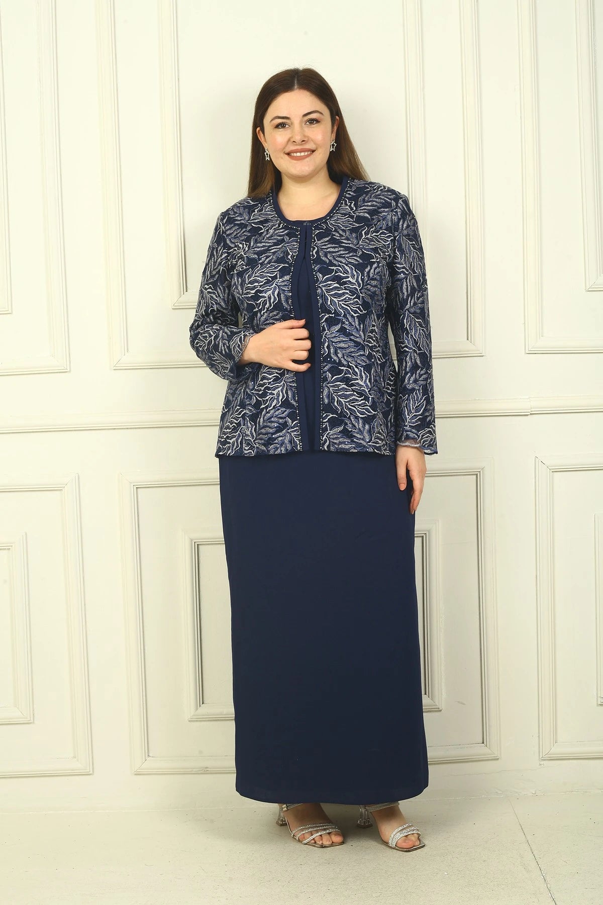 Image of Long Dress with Beaded Collar, Plus Size Two-Piece Set with Beaded and Sequin Embroidered Jacket, Lined.