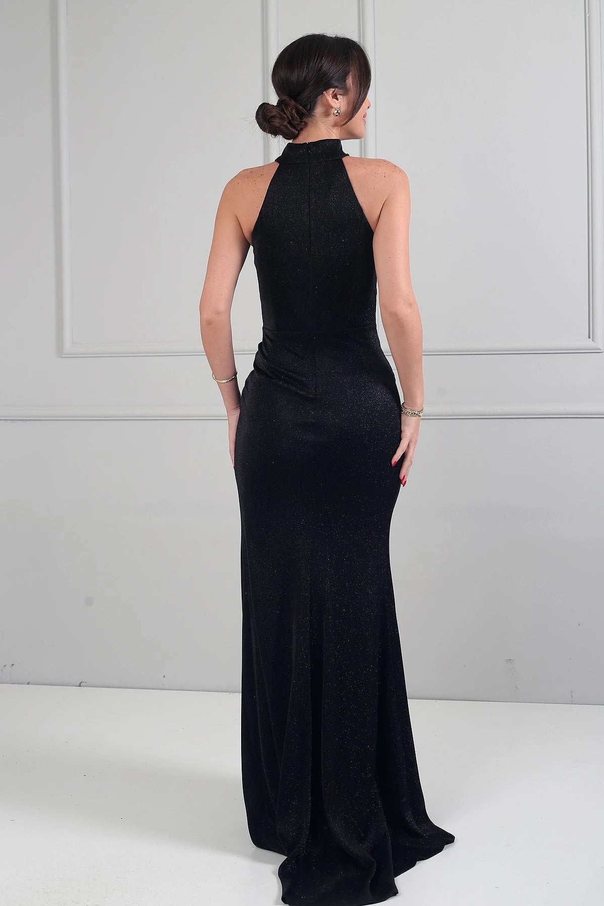 Image of Women's Halter Neck Lined Draped Glitter Long Dress