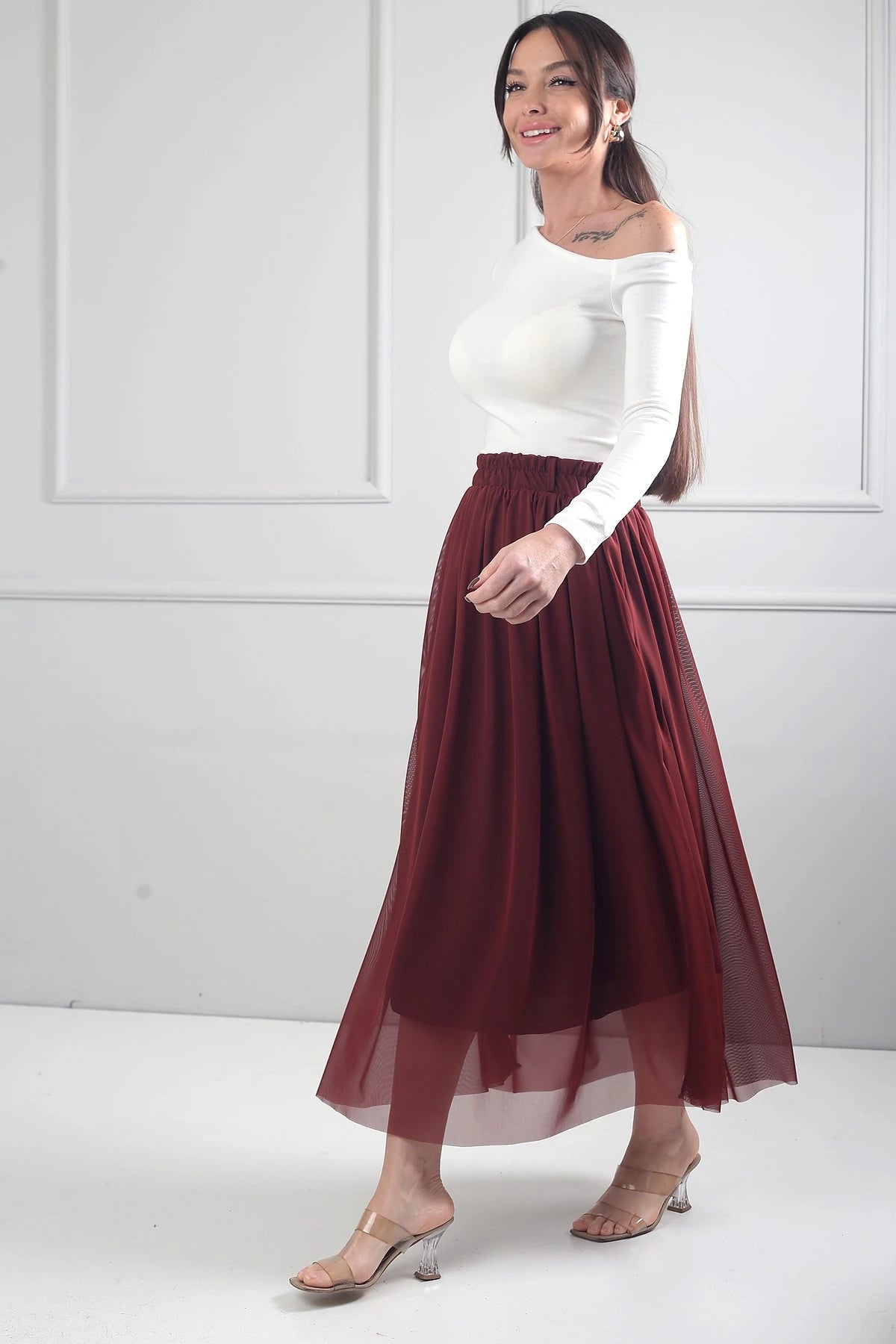 Image of Kadın Beli Lastikli Astarlı Uzun Tül Etek