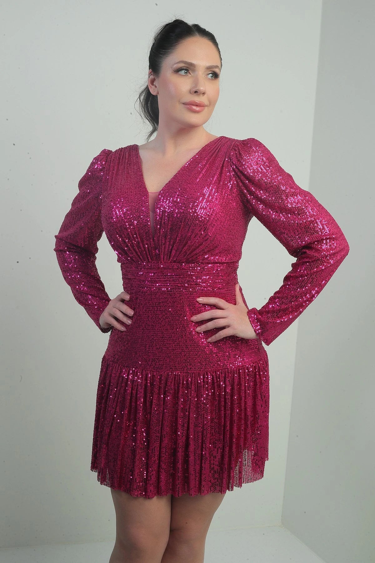 Image of Women's Front and Back V-Neck Lined Draped Long Sleeved Plus Size Sequin Dress