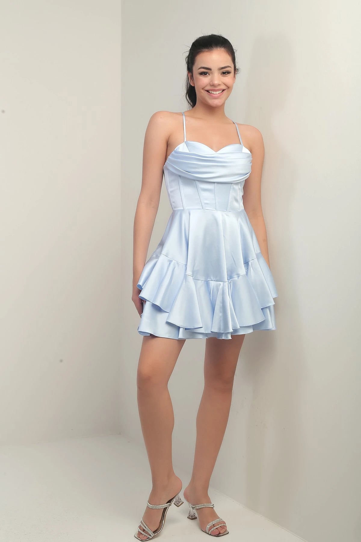 Image of Women's Strappy Back Tie Underwired Short Satin Dress with Layered Lining