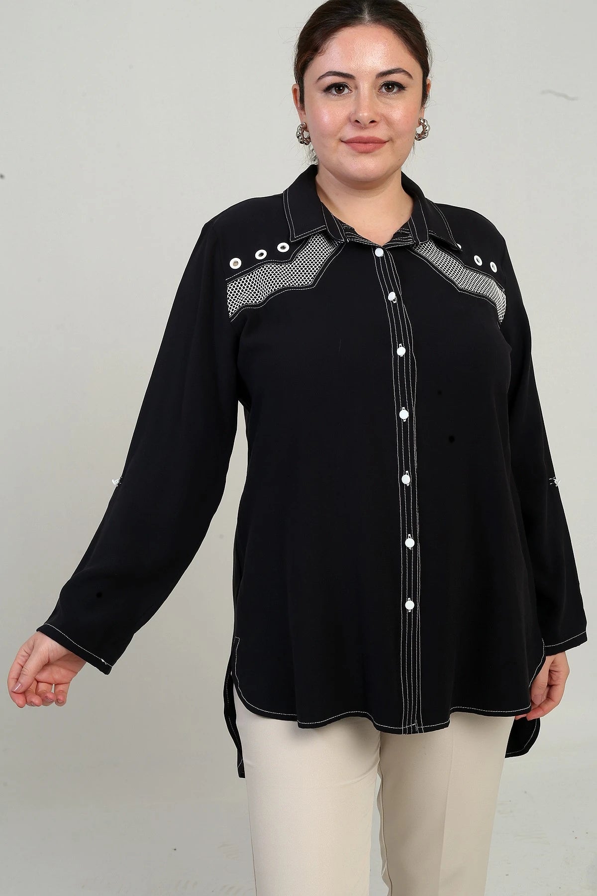 Image of Women's Eyelet Mesh Plus Size Long Shirt with Folded Sleeves