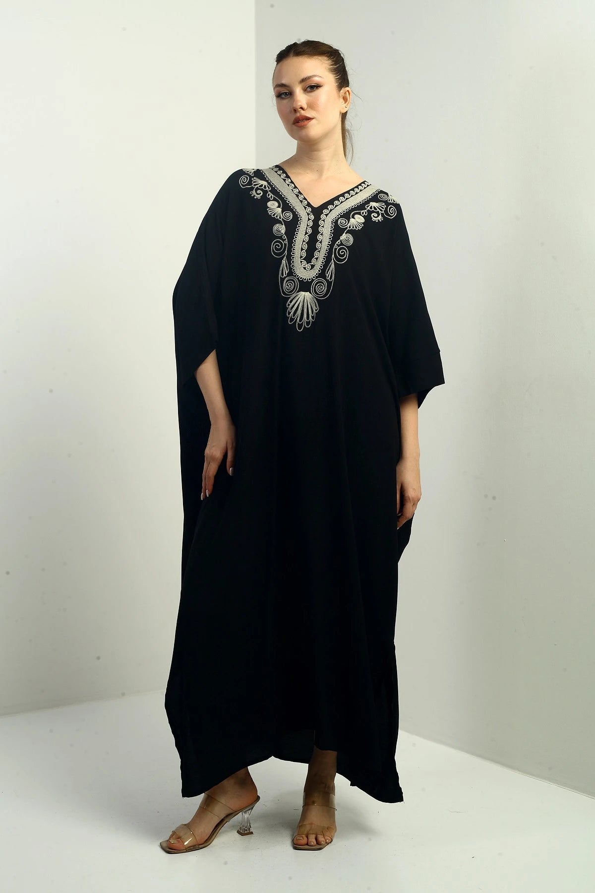 Image of Women's V-Neck Embroidered Pocket Oversize Long Dress