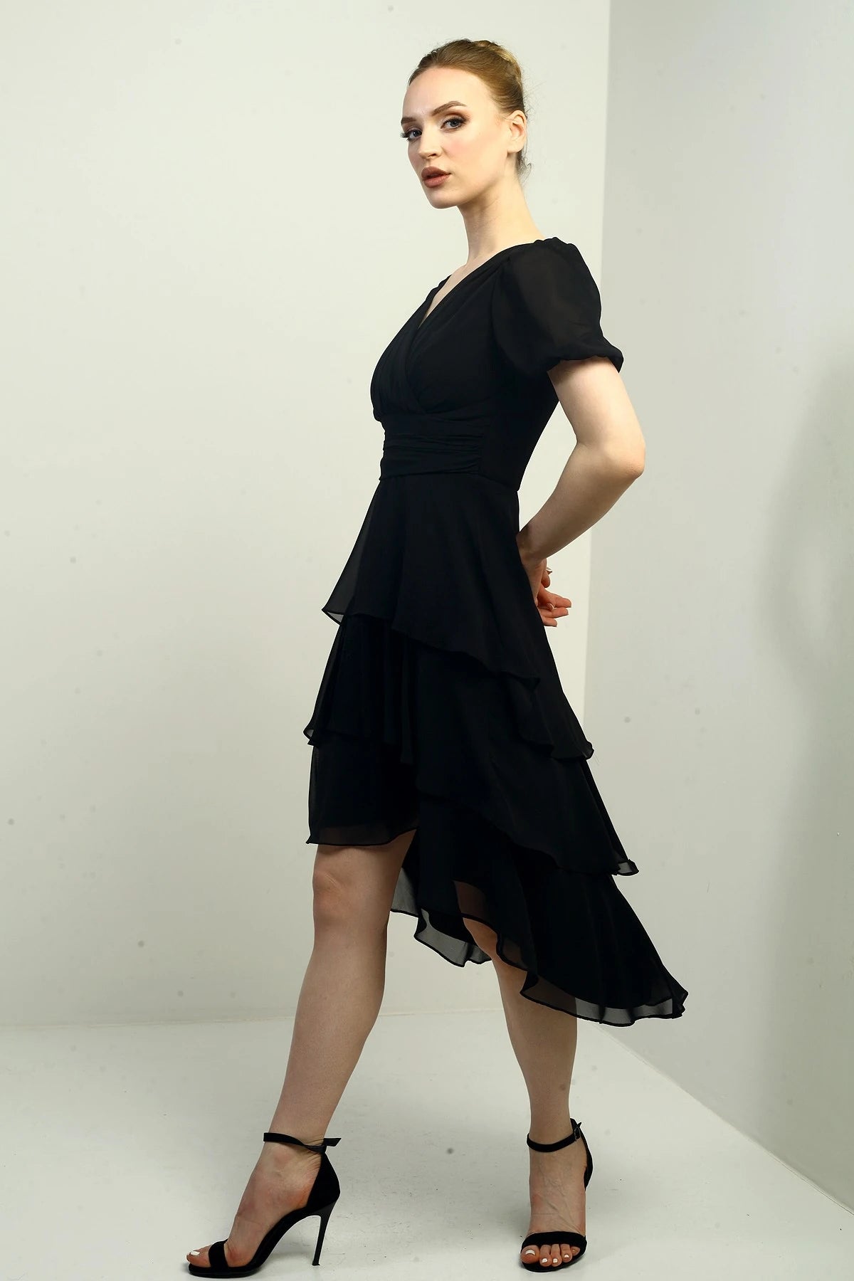 Image of Women's Wrap Neckline Back Zipper Layered Pleated Chiffon Dress