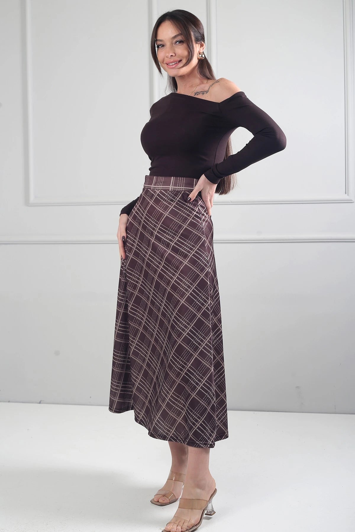 Image of Women's Elastic Waist Plaid Viscose Satin Lycra Long Skirt