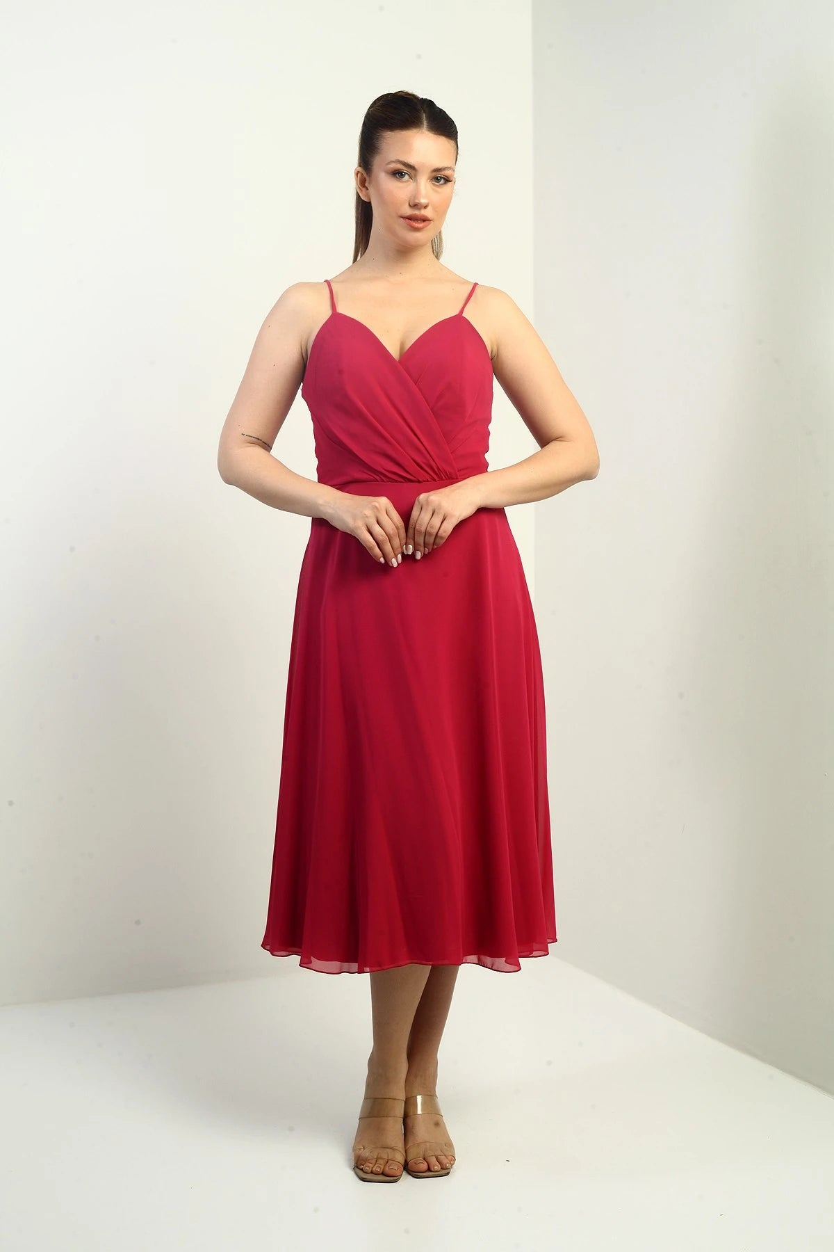 Image of Women's Strappy Wrap Neckline Lined Lace-Up Back Flared Chiffon Dress