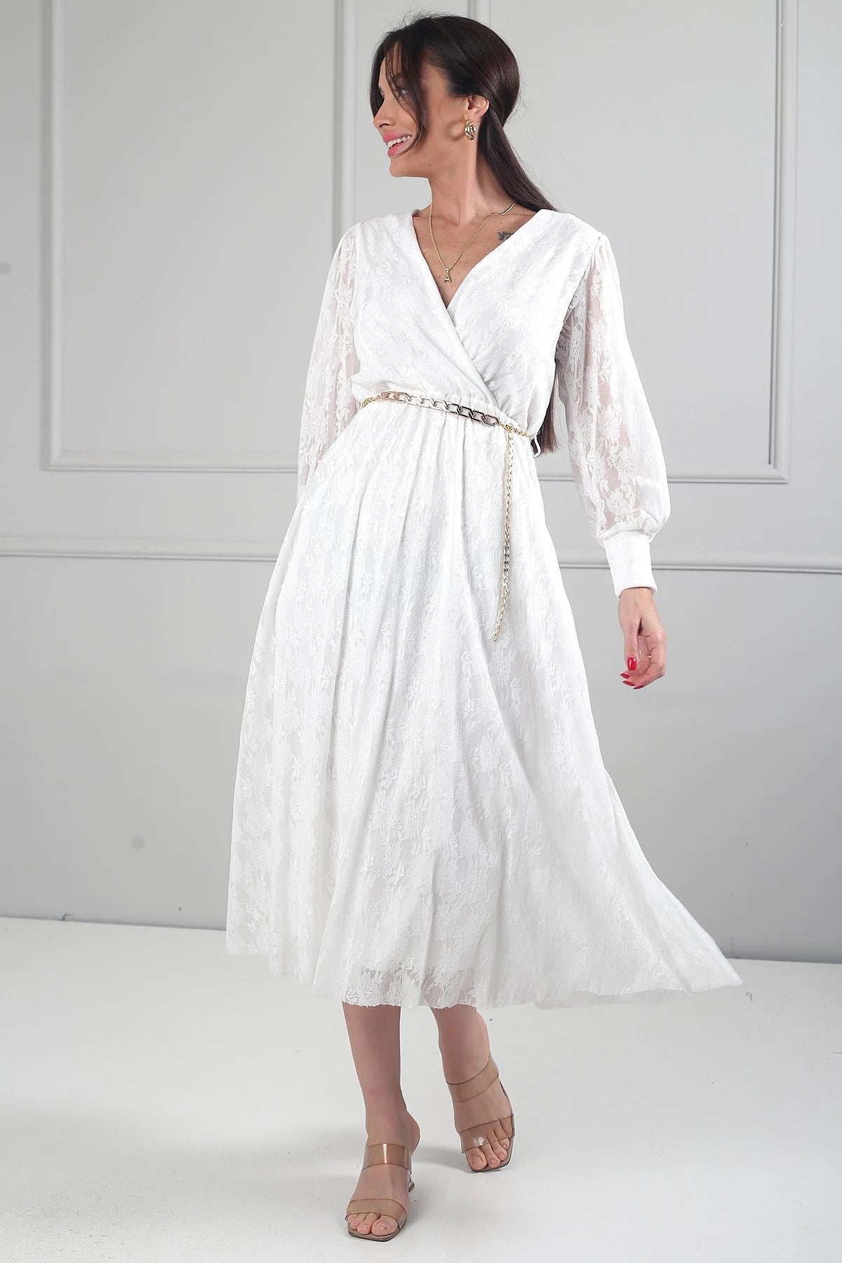 Image of Rochie midi din dantelă cu mânecă lungă și căptușeală, cu decolteu înfășurat și decolteu înfășurat pentru femei