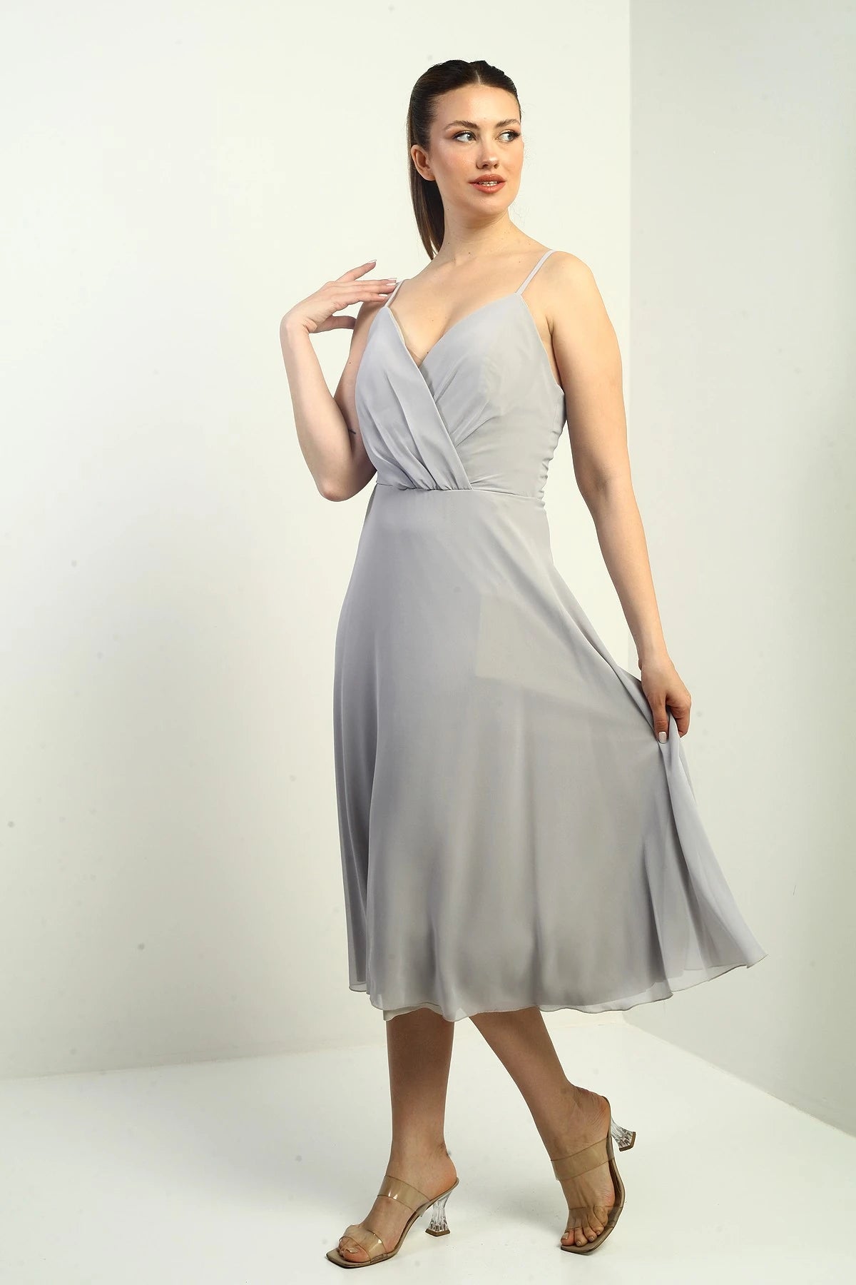 Image of Women's Strappy Wrap Neckline Lined Lace-Up Back Flared Chiffon Dress