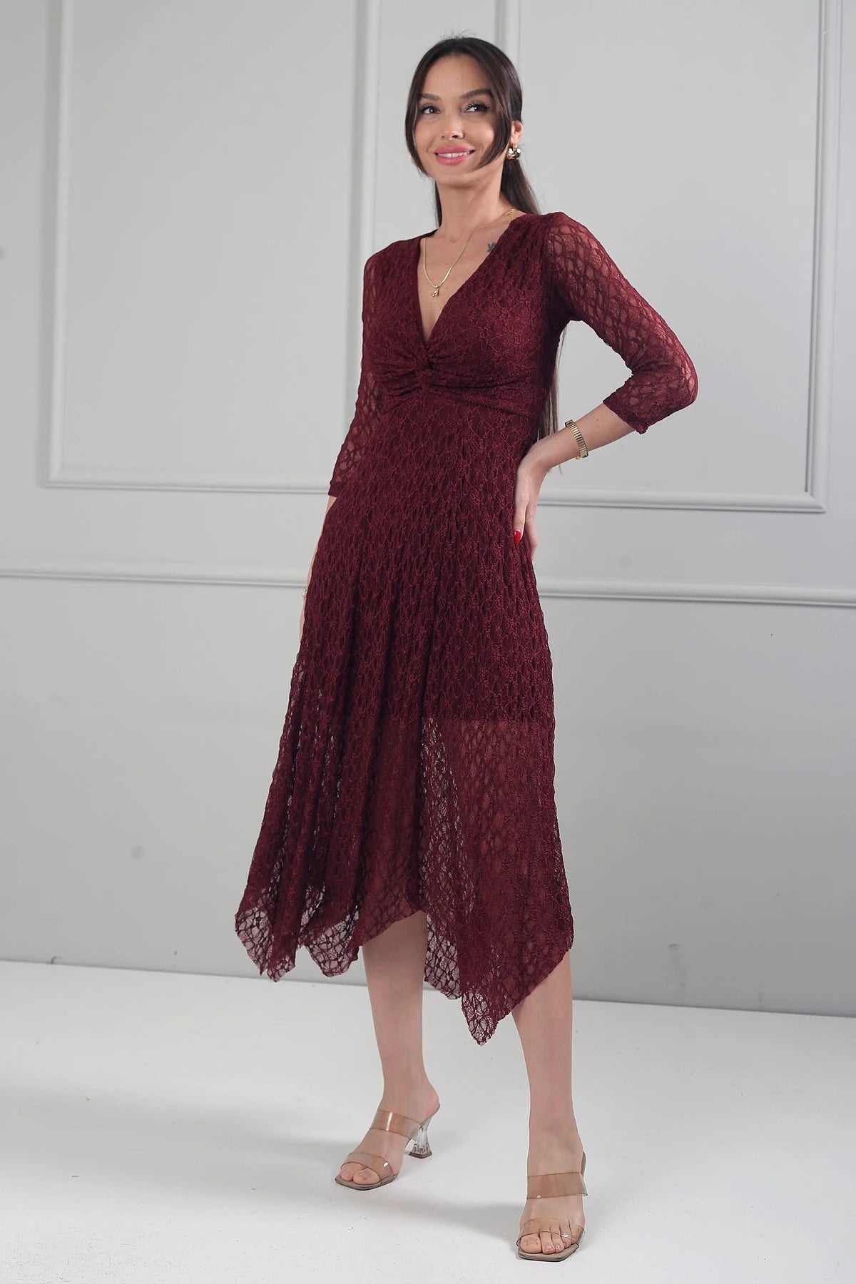 Image of Women's Asymmetrical Lace Midi Dress with Front Knot Detail and Lined Skirt
