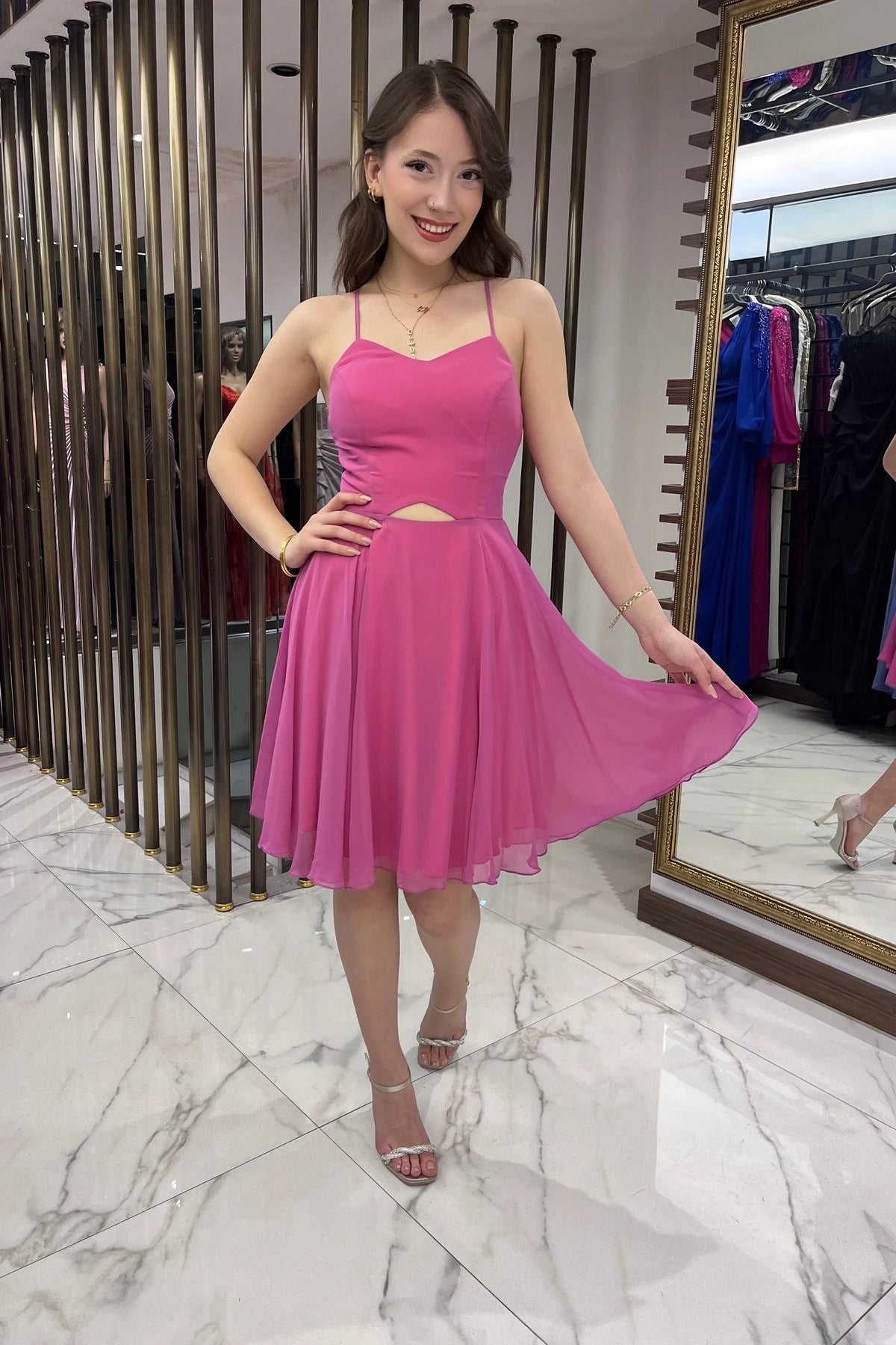 Image of Women's Strappy, Back-Tie, Front-Opening, Lined Chiffon Short Flared Dress