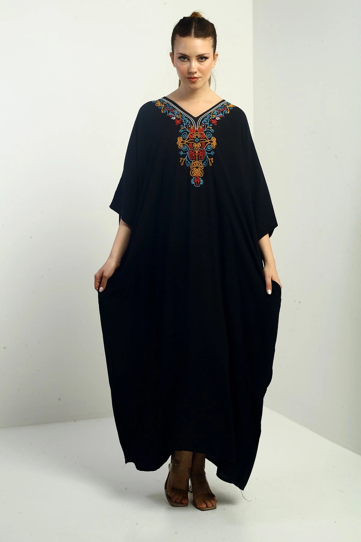 Image of Women's V-Neck Embroidered Pocket Oversize Long Dress