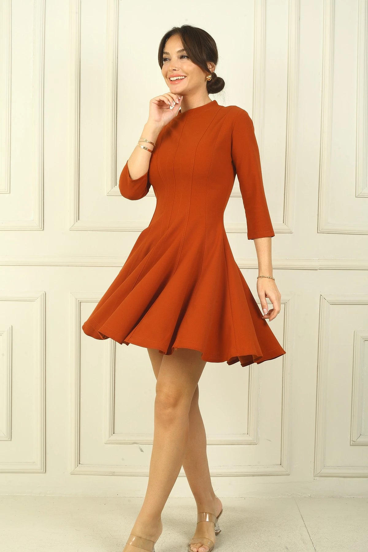 Image of Women's Round Neck, Back Zipper, Flared Skirt, Half Sleeve Dress