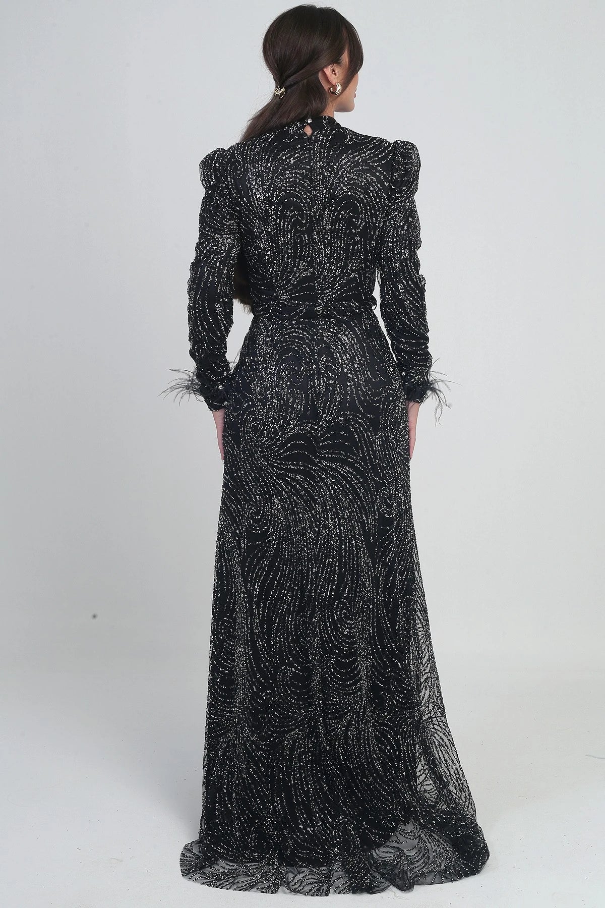Image of Women's Long Tulle Dress with Feathered Sleeves, Beads and Sequins, and Lining