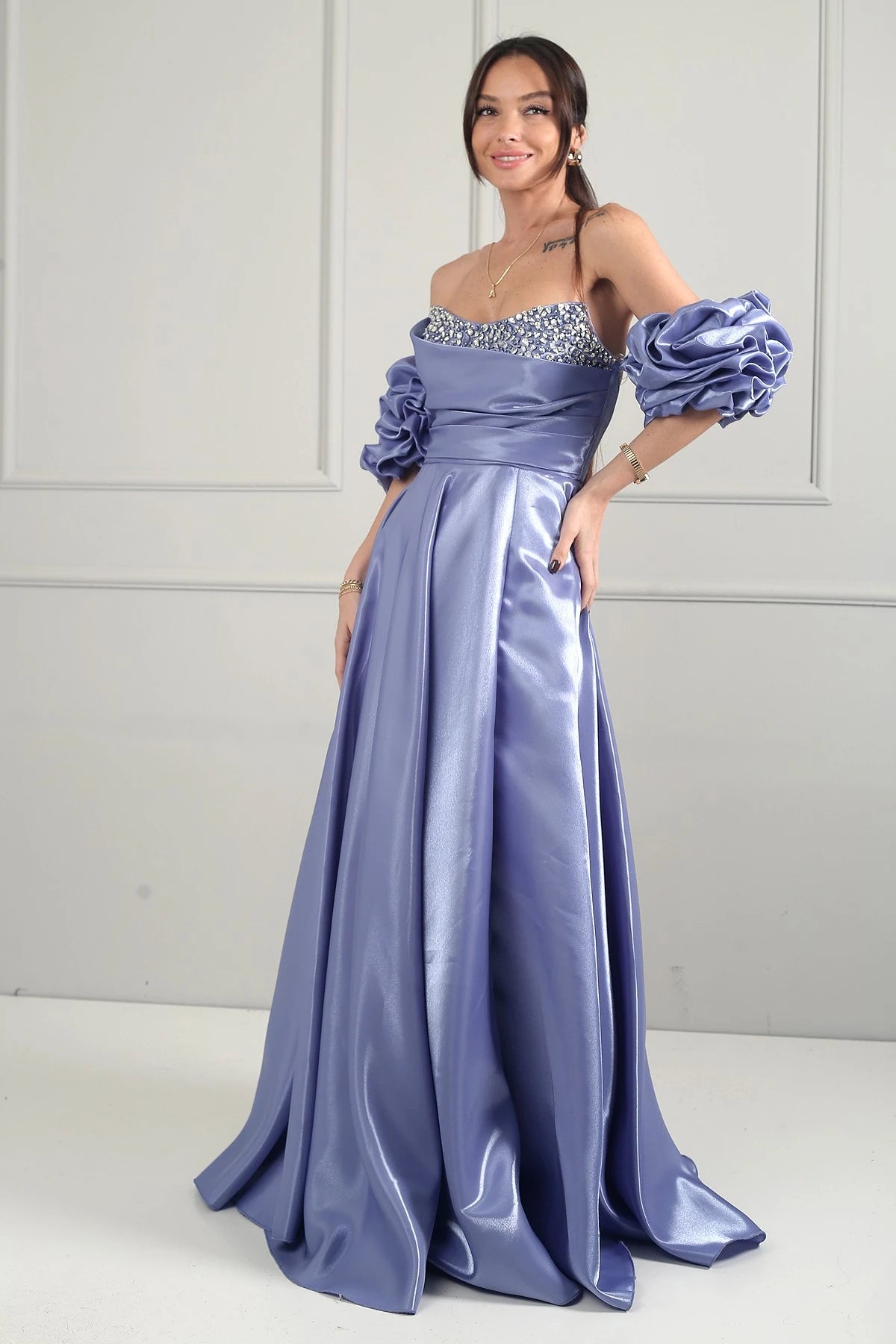 Image of Women's Strapless Balloon Sleeve Lined Long Satin Dress with Stone Embellishments