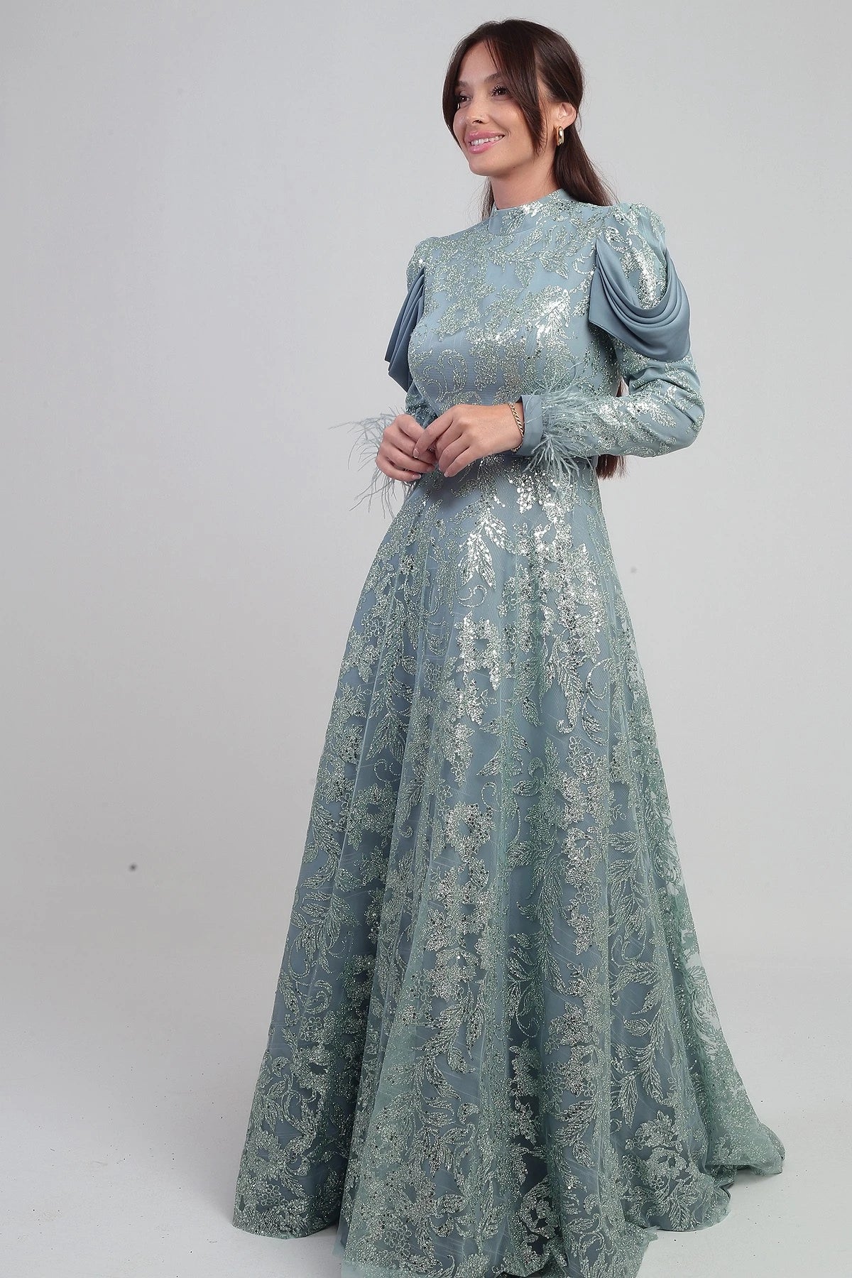 Image of Women's Long Dress with Feathered Sleeves, Beads and Glitter Details, and Lining